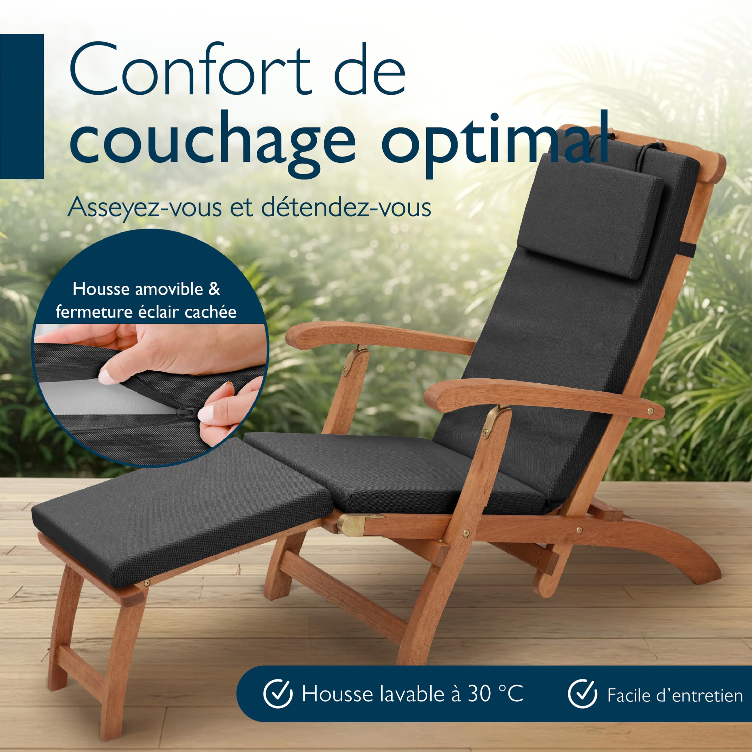 Beautissu Coussin Chaise Longue imperméable Matelas transat Bain de Soleil | 175x45cm anthracite 100% séchage rapide avec housse amovible Deckchair DC-QD rembourrage exterieur QD-DC