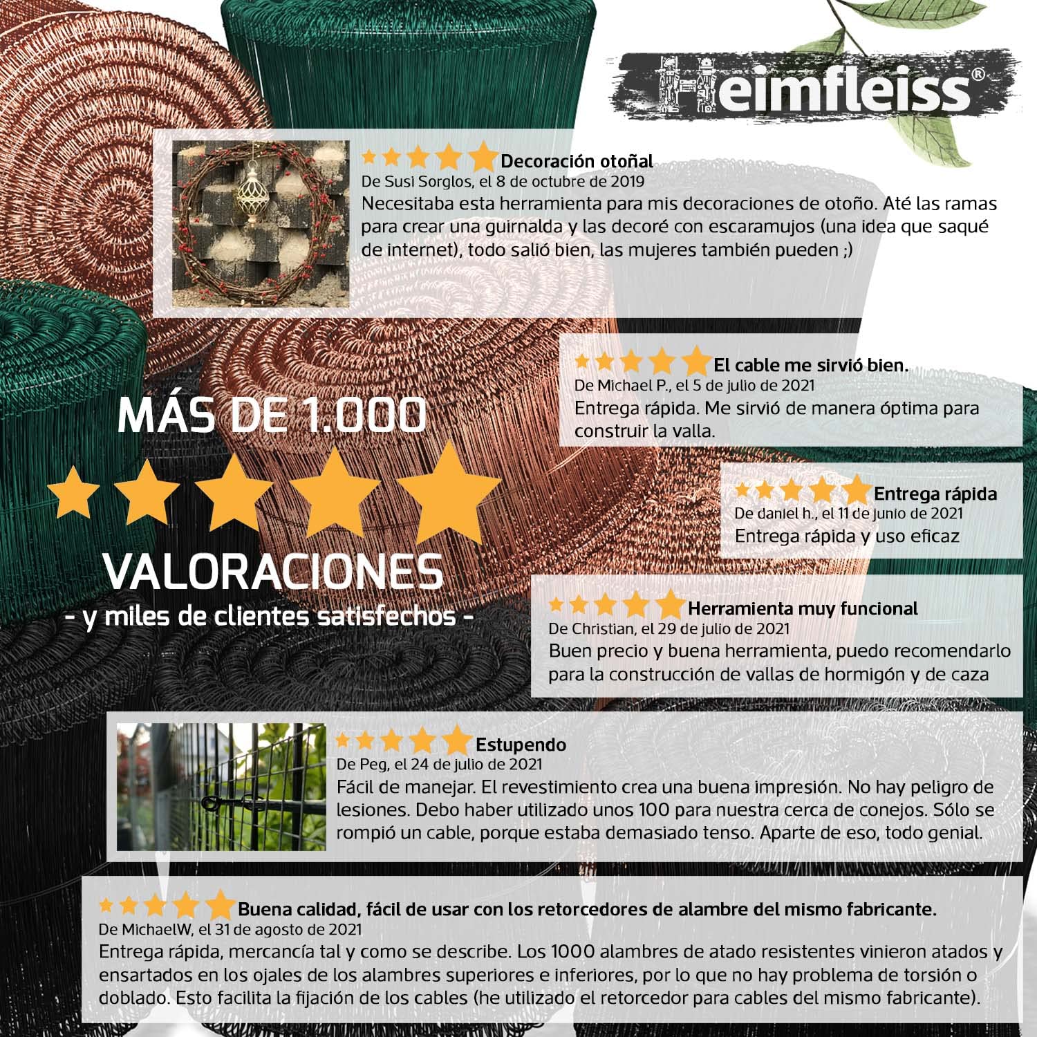 Heimfleiss® atadora alambre + alambre de sujeción cobreado 1,0 x 100-160 mm (1000 uds.) - Set trenzador alambre, amarrador de alambre y alambre de sujeción - Atador alambre, alambre de torsión de ojal