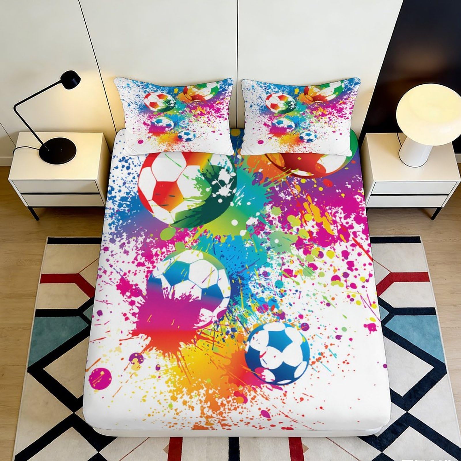Pnayamiorkfel Style-7 3D Printed Colorful Soccer Splash Fitted Sheet Microfiber Soft Vibrant Football Bed Cover For Bedroom Guest Room Decor 90X200x25cm