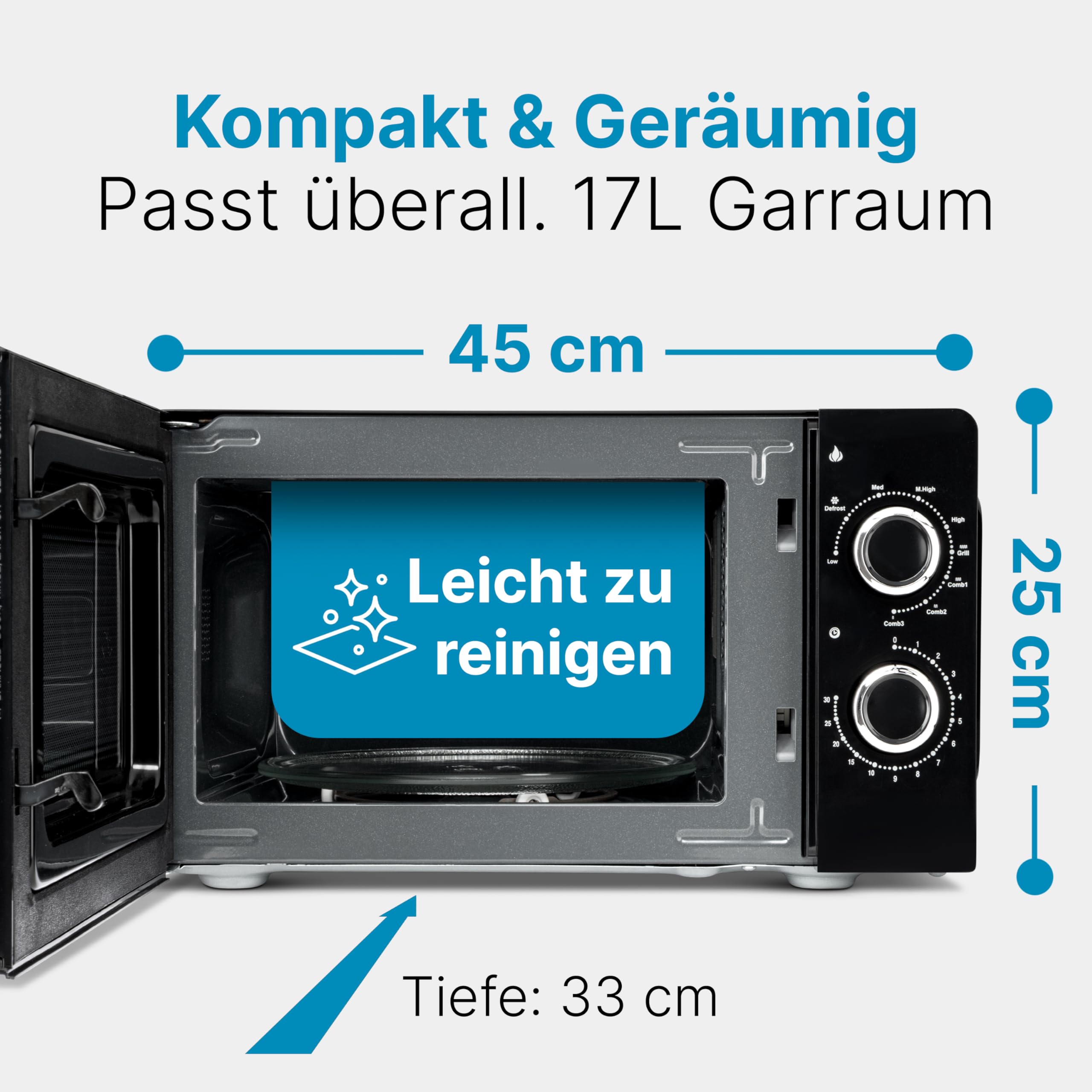 ProfiCook® Mikrowelle mit Grill | 900 Watt | 6 Stufen | 17 Liter Garraum | 360° Drehteller | Timer mit Endsignal | inkl. Grillrost | Microwelle | Microwellengerät | PC-MWG 1208 schwarz
