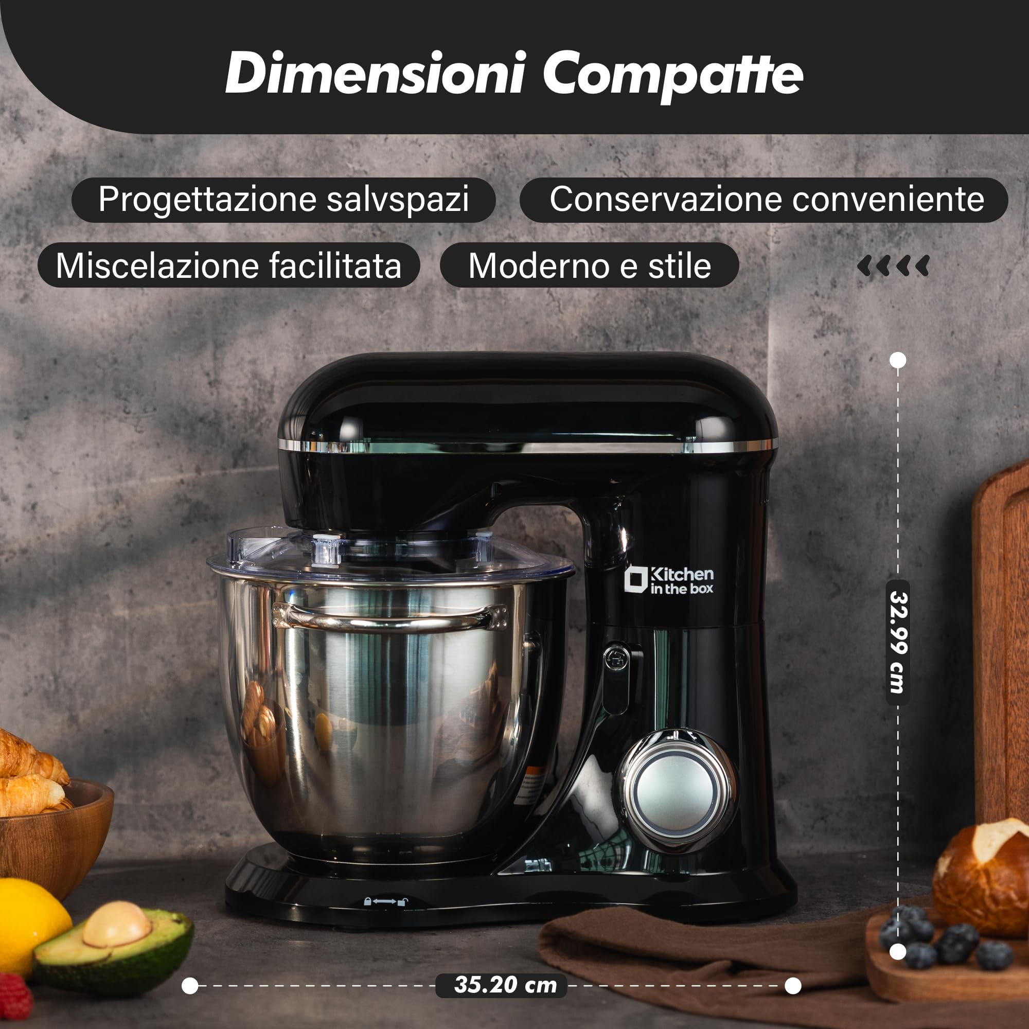 Kitchen in the box Impastatrice Planetaria, 6L Planetaria Professionale 1400W, 10 Velocità con Uncino Impastatore, Mescolatore e Frusta Sbattitrice (Nero)