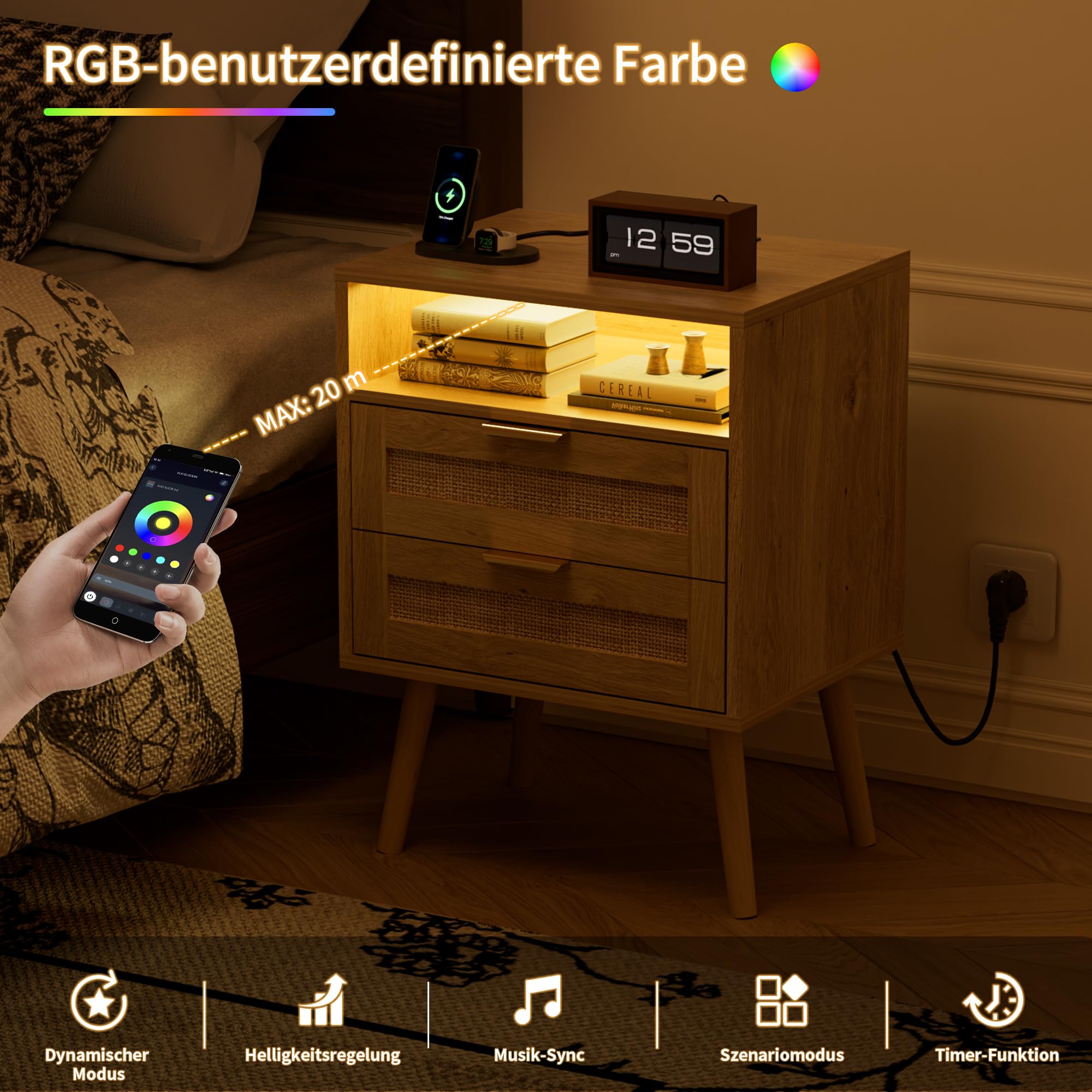 BonVache Rattan Nachttisch 2er Set, Farblich Einstellbares Licht, integrierter Steckdose und USB-A & C Anschlüssen, Offenem Fach und 2 Schubladen im Korbgeflecht-Stil, Massivholzfüßen