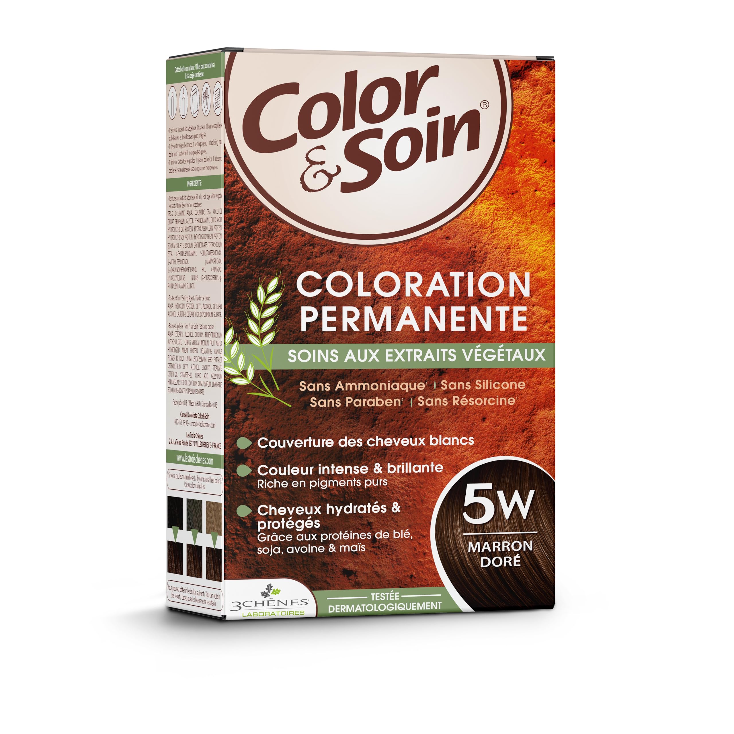 Les 3 Chênes Color & Soin 5W – Marron Doré – Coloration Permanente Cheveux Femme Sans Ammoniaque – Soin Naturel Brillance Durable – Couvre 100% Cheveux Blancs