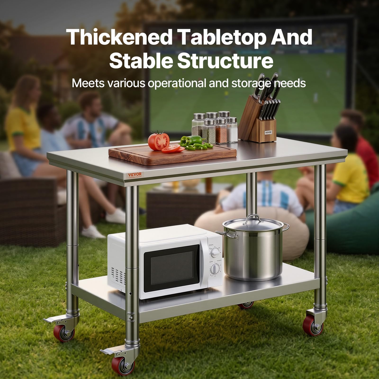 VEVOR Mesa de Trabajo 2 Niveles 90 x 60 x 85 cm, Mesa con Ruedas de Acero Inoxidable, Estante Inferior Ajustable, para Preparación de Alimentos en Cocinas Comerciales, Restaurantes, Garajes, Talleres
