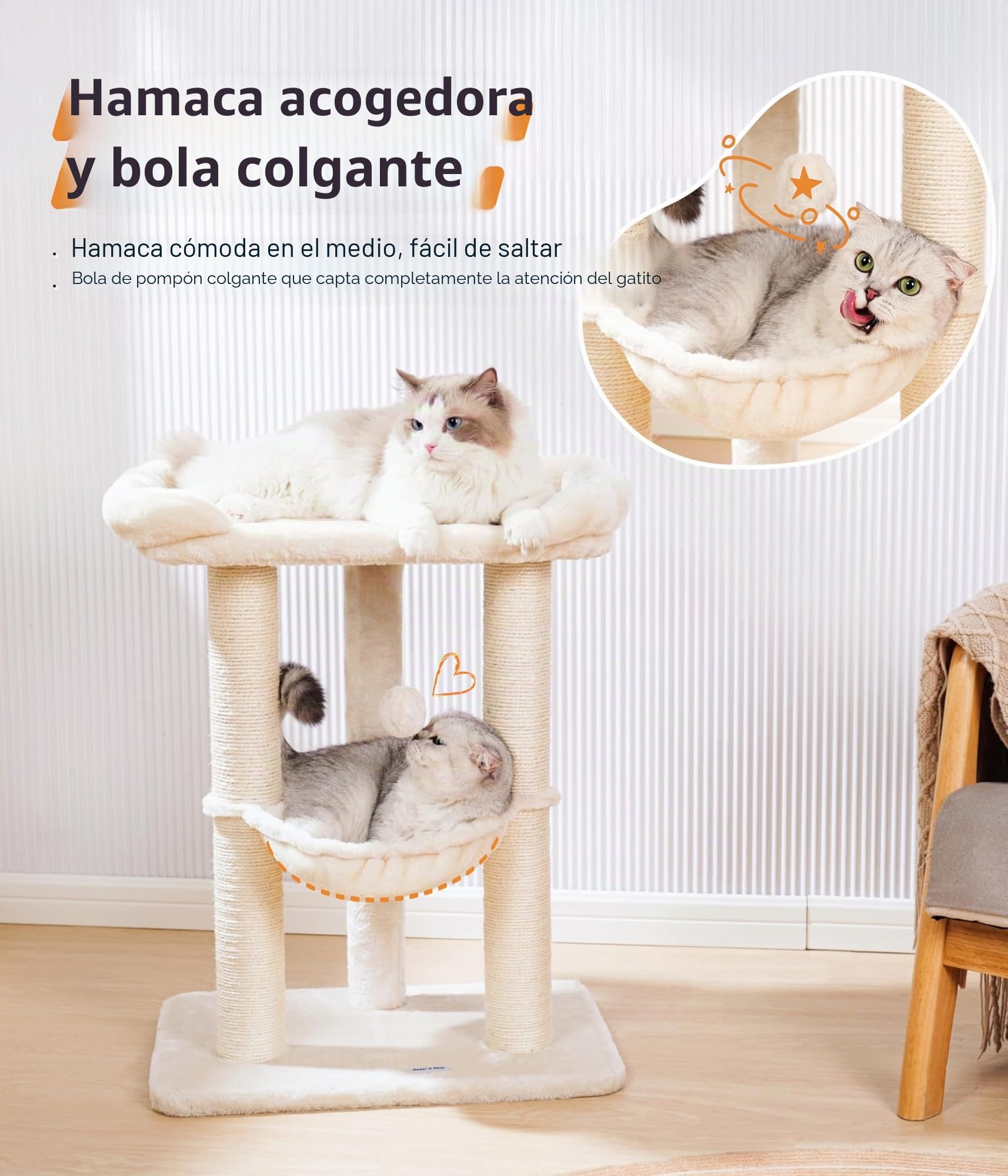 Happi N Pets Torre de árbol para Gatos de Interior de 28 Pulgadas, Poste rascador Grande y Alto con Cama, rascador de sisal con Percha Suave y Hamaca acogedora, Soporte Estable para Gatos, Funda