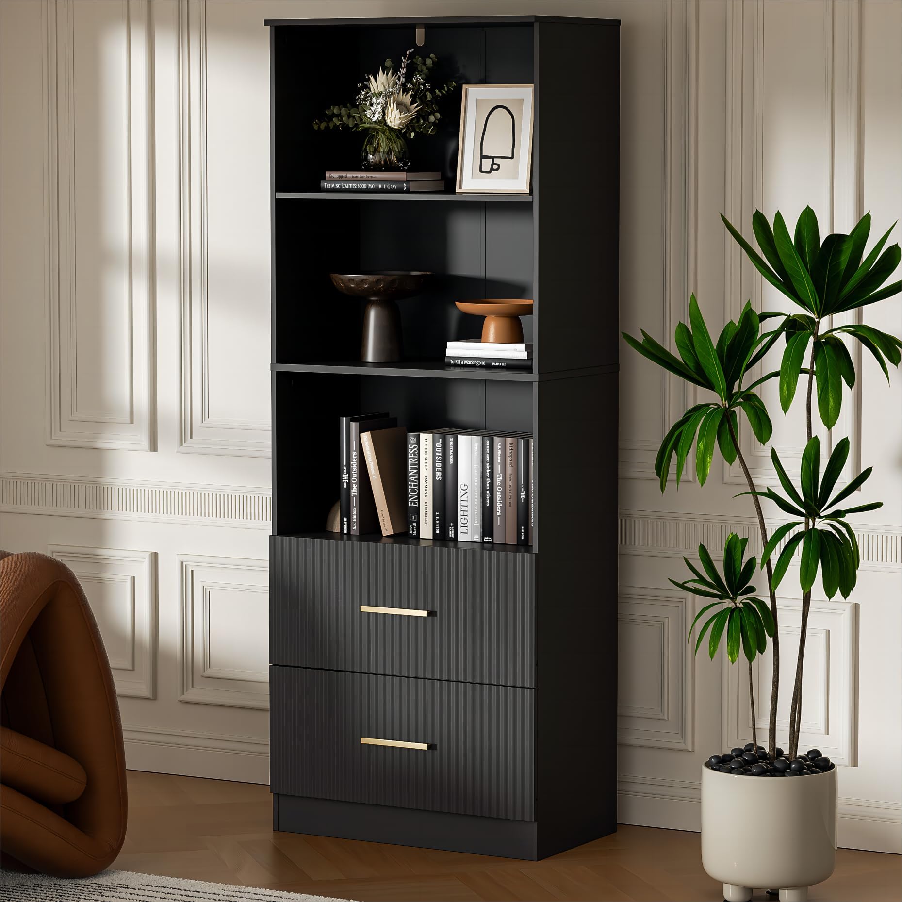Housoul Black Bookshelf with Drawers, 63" Tall Bookshelf with Storage, 3 Shelf Modern Bookcase with Adjustable Shelf, Open Shelves Bookcase, Unique