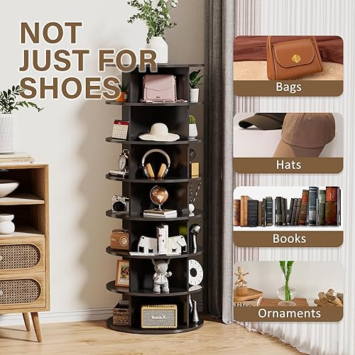 Miniatura 8 de Zapatero giratorio de madera, organizador de zapatos giratorio de 7 niveles, estante giratorio de 360 para entrada, se adapta a 28 pares de zapatos,