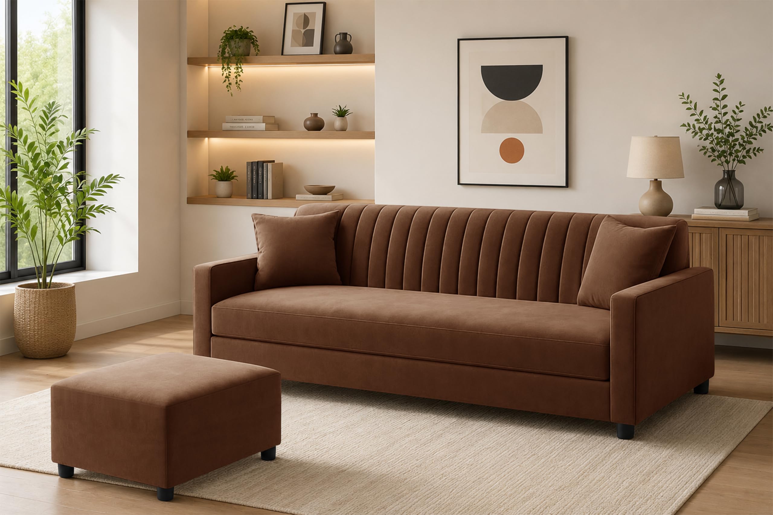 Deco Studio Modern 3-Seater Wooden Sofa Set with Ottoman, Soft Velvet Upholstery, Comfortable Couch for Living Room, Office & Apartment - Brown Color