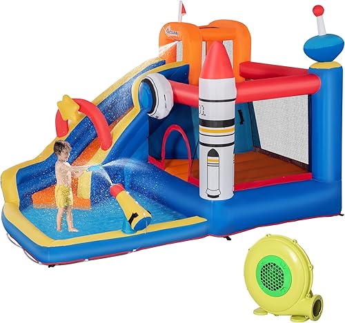Outsunny Casa inflable de rebote 5 en 1 para patio trasero con tobogán, pared de escalada, pistola de agua y más, tobogán acuático inflable para