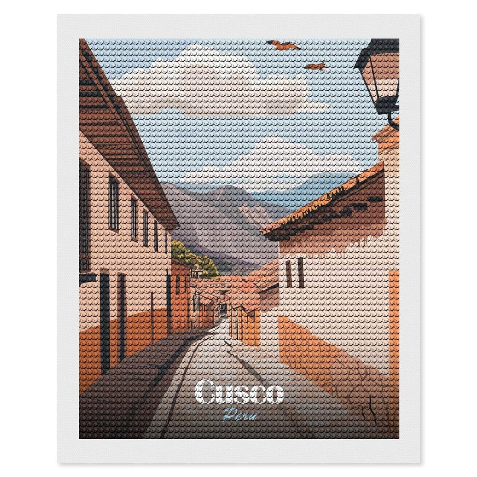 Junmoney Cusco, Peru Street View Illustration DIY Diamond Art Canvas Kit 16"x20", for Adults, Decorate Your Room, Gift Idea, Modern Decor, Finish and Display
