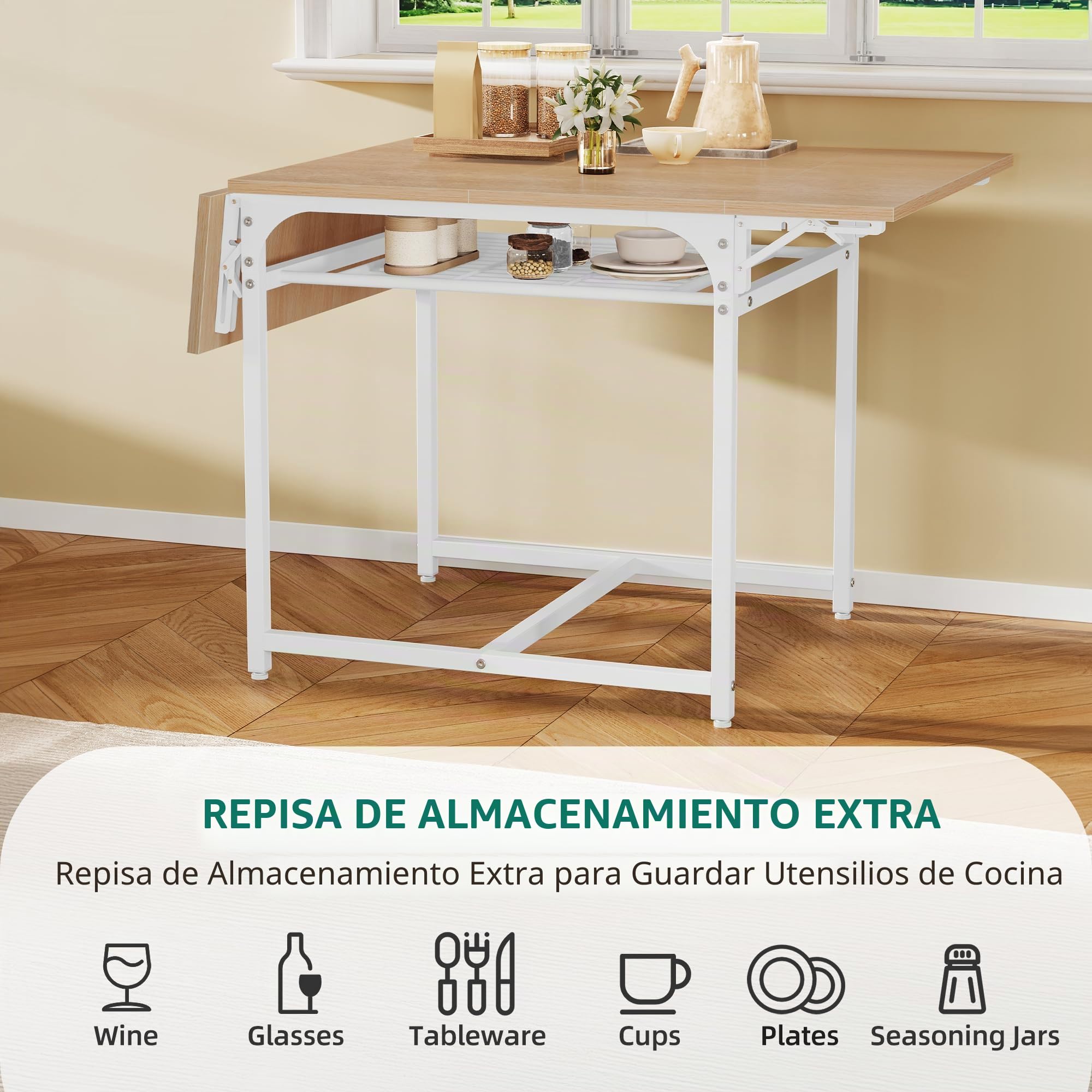 YITAHOME Mesa de Comedor Plegable, Mesa de Hoja de Gota Extensible con Estante de Almacenamiento y 4 Patas Ajustables, Asientos para 2-6 Personas, 120 x 78 x 75 cm, Roble Amarillo y Blanco