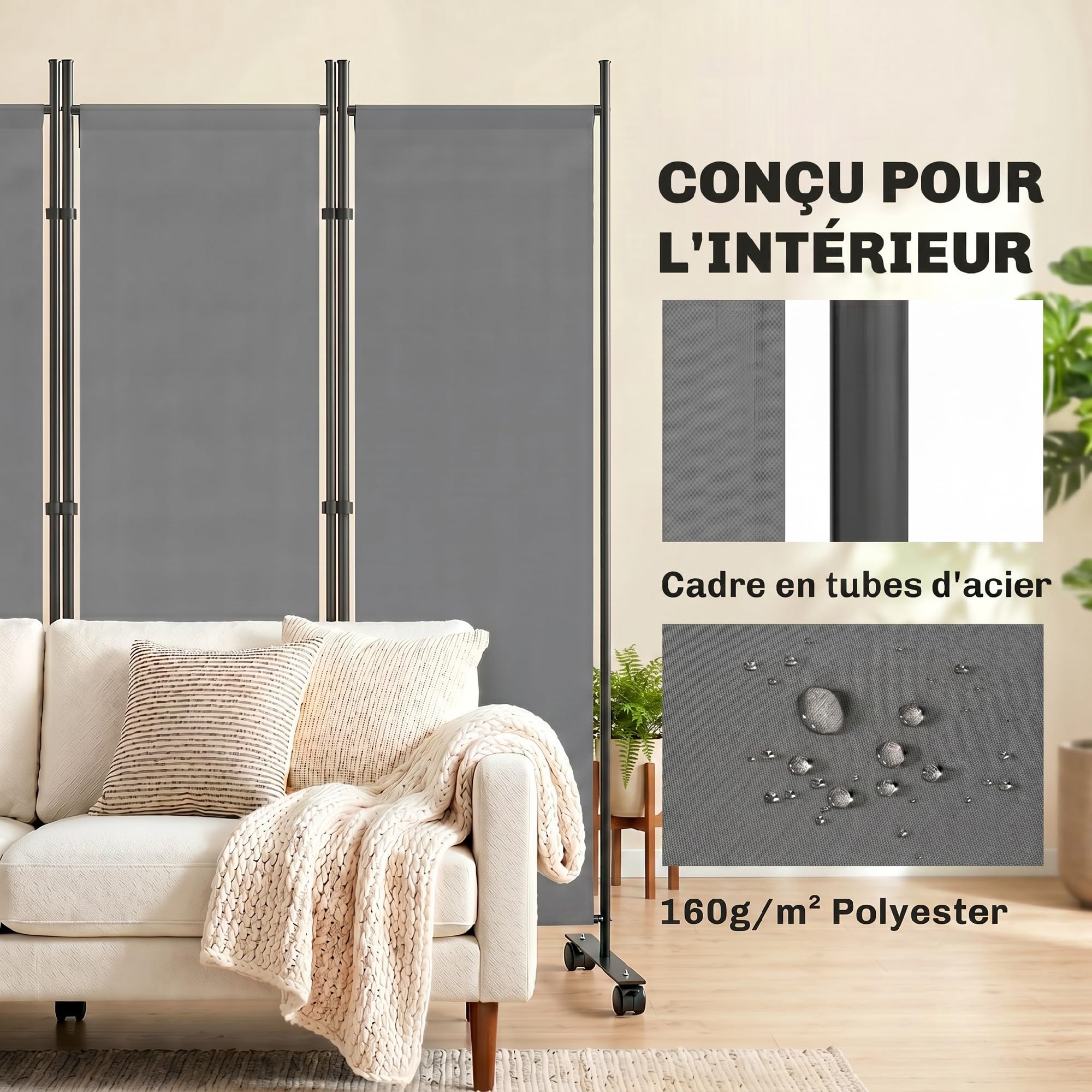 Outsunny Paravent 5 Panneaux 252 x 170 cm Pliant Intérieur Gris Foncé