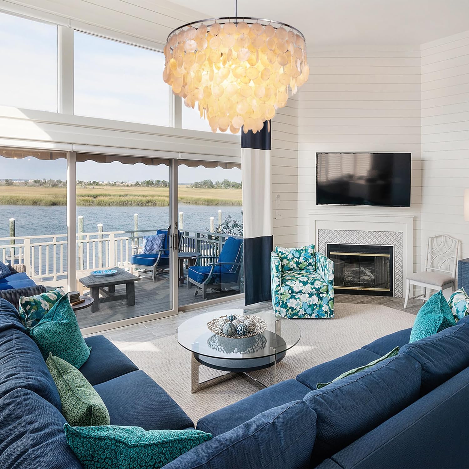 Wellmet Natural Capiz Shell Chandelier, 6 Lights Coastal Modern Capiz Chandelier Pendant Lighting, Hanging Round Layered Chandelier for Living Room, Dining Table, Bedroom, Kitchen, Foyer, W-23.62”