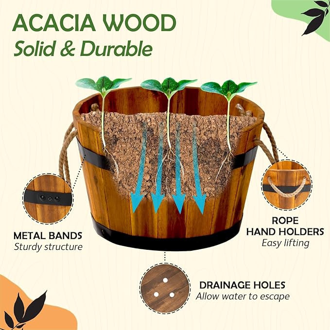These wood bucket planters are available in multiple sizes, allowing you to mix and match to create a custom look in your outdoor space. The natural wood finish adds a touch of rustic charm to your home décor, perfect for complementing a variety of styles and aesthetics. Whether you use them to display flowers, herbs, or other plants, these wooden flower boxes are a versatile and stylish addition to any outdoor setting. Description by ChatGPT.