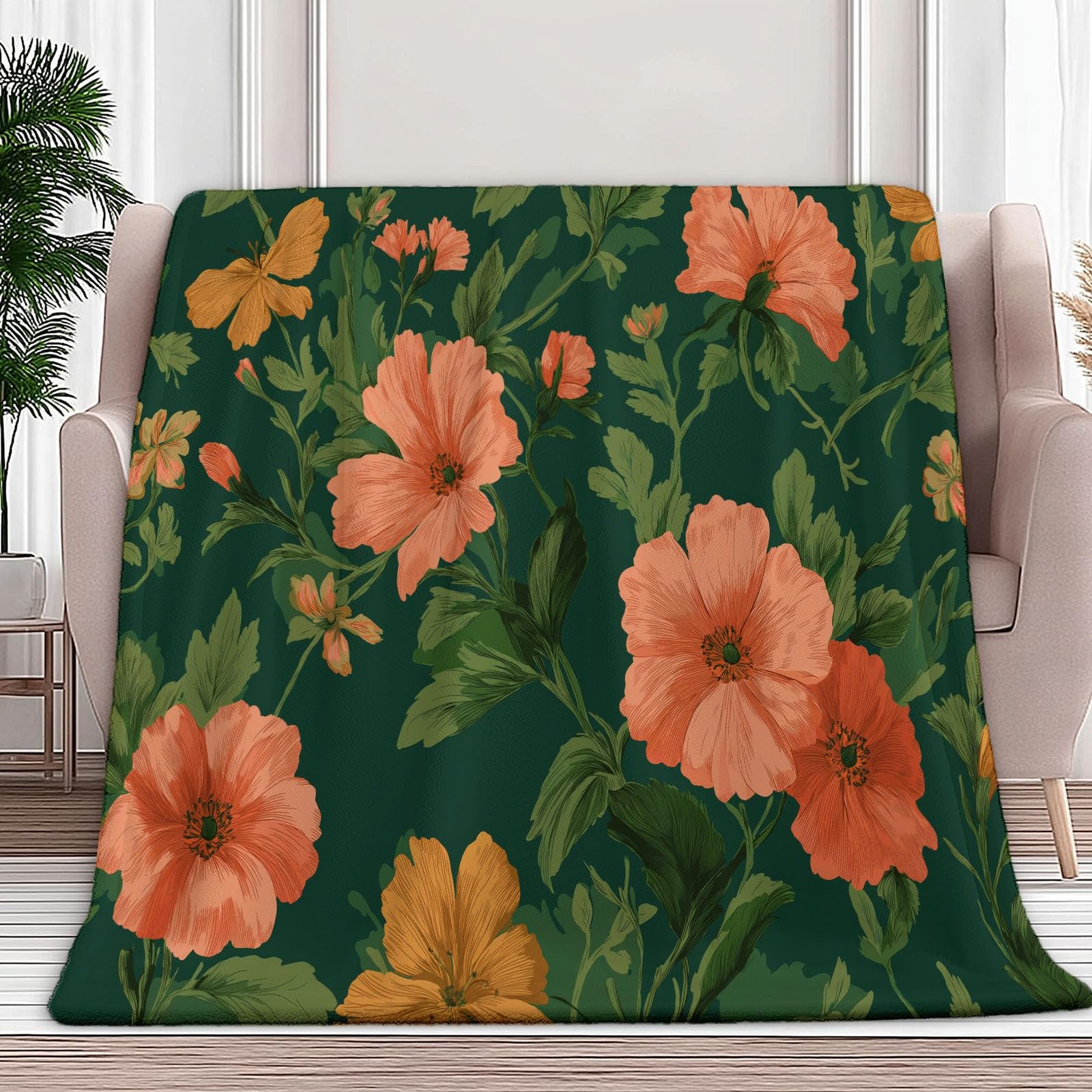 Coperta Pile Singolo Matrimoniale Fiori In Stile Pastorale Plaid Divano e Letto Coperte Pile di Flanella Calda MorbidaVerde, per Letto Divano Sedia, 180 x 200 cm