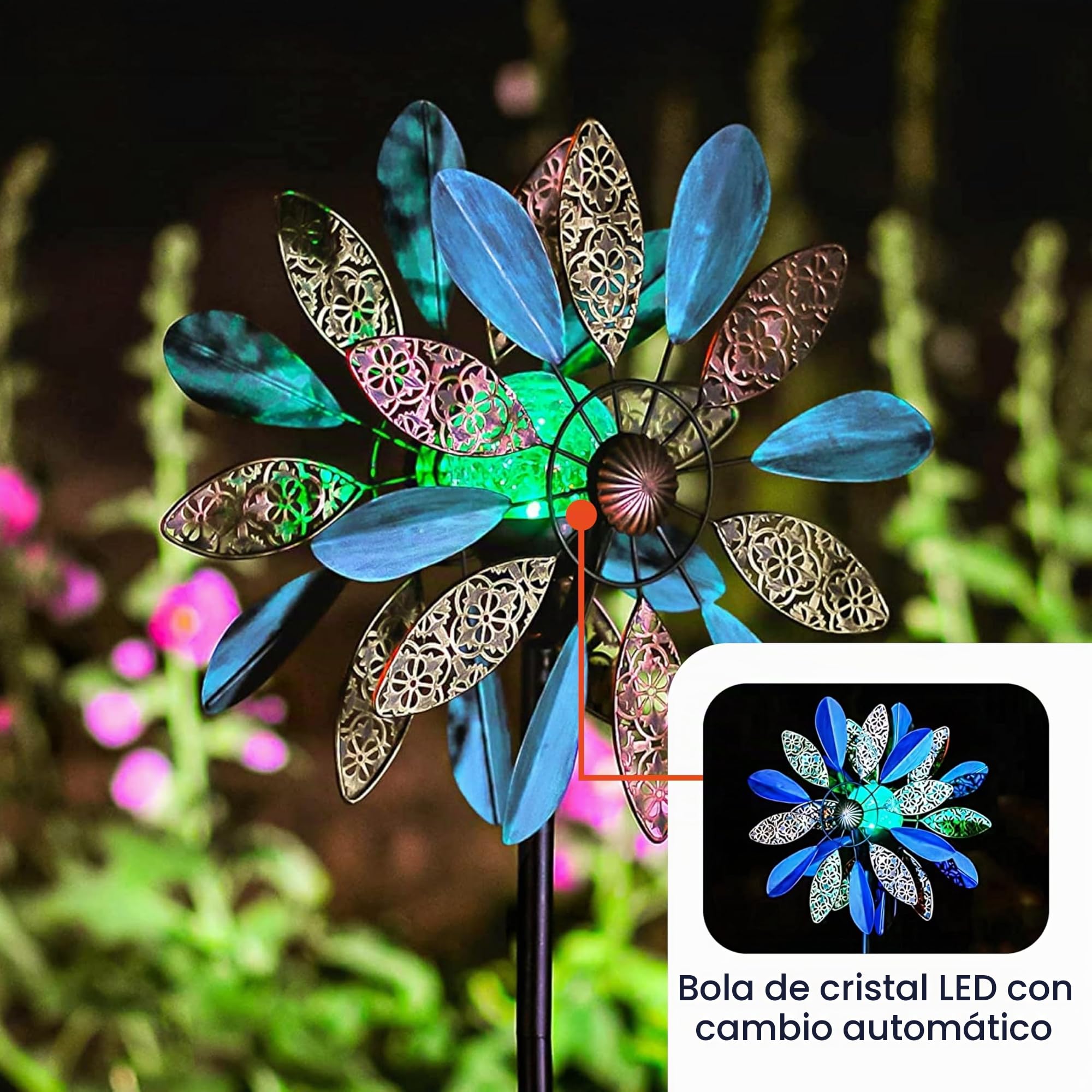Solar Wind Spinner Arabesque de 75 pulgadas multicolor con iluminación LED Solar Powered bola de vidrio con hilandero cinético de doble dirección para patio césped y jardín, fácil de montar