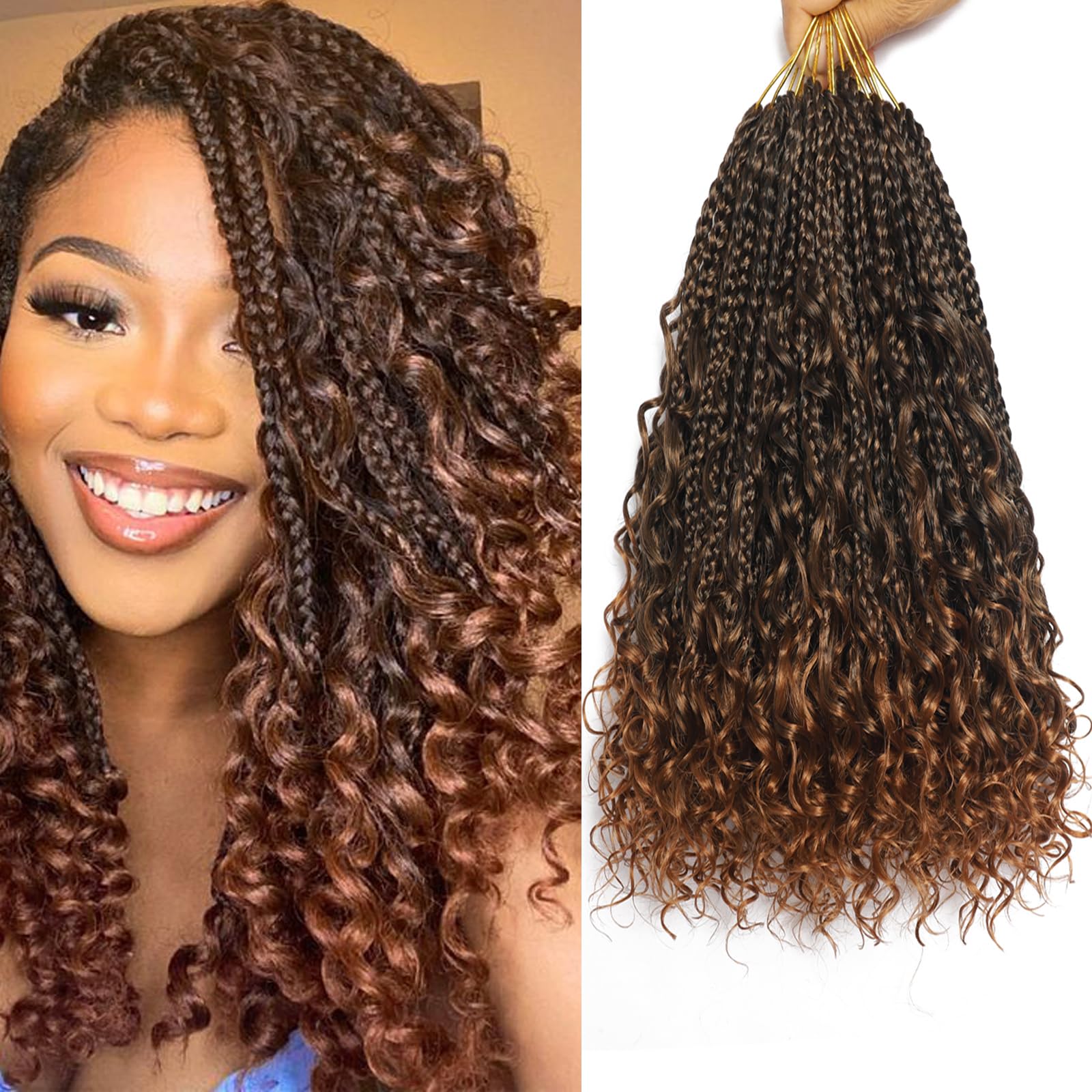 Flagship 9 Packs Goddess Box Braids, 14 Inch Ombre Pre-looped Crochet Braids with Curly Ends, Bohemian Curly Hippie Box Braids - T30