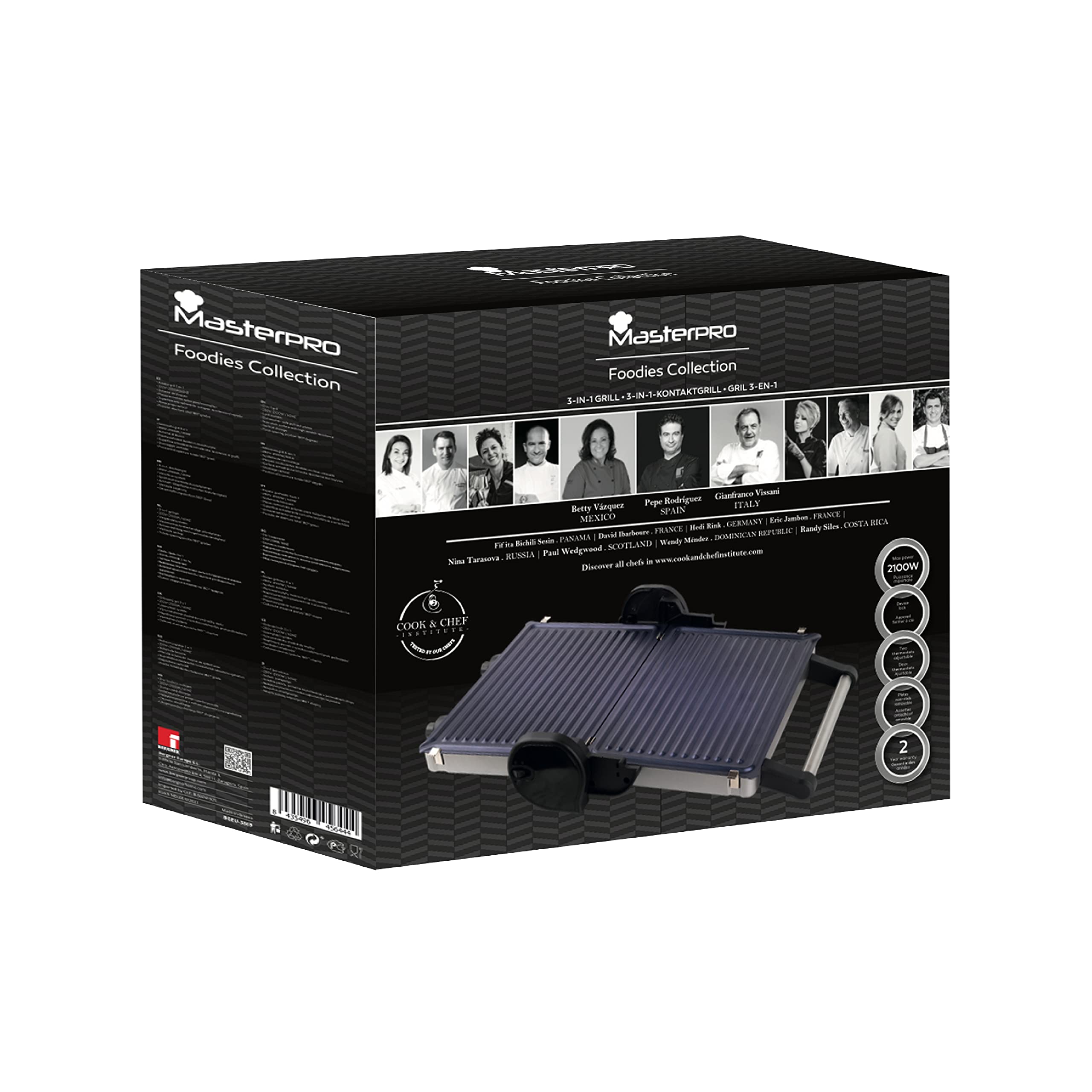 MasterPro Foodies – Griglia a contatto per sandwich, 2 piastre rimovibili, griglia da tavolo pieghevole a 180° e verticale, 2100 W, 33x40x13 cm
