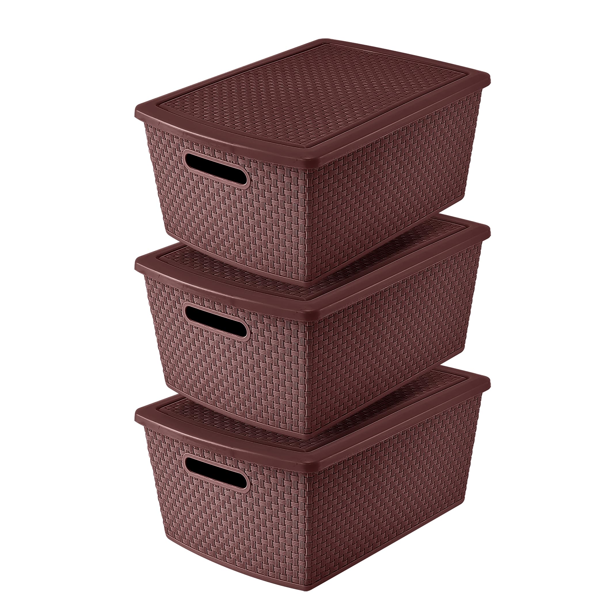 Guateplast - Set de 3 Cestas de Almacenamiento Plásticas de 22 Litros | Contenedores Plásticos para Organizar el Hogar | Organizadores | Cajas de Plástico | Cajas de almacenamiento | Color Chocolate - Chocolate