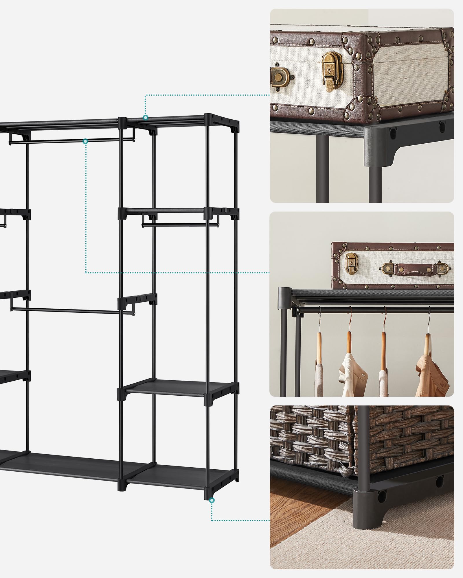 SONGMICS Kleiderschrank offen, Kleiderständer, Kleiderstange, Garderobe, 43 x 151 x 166 cm, 4 Hängefächer, viel Platz, für Schlafzimmer, Wohnzimmer, schwarz RYG036B02
