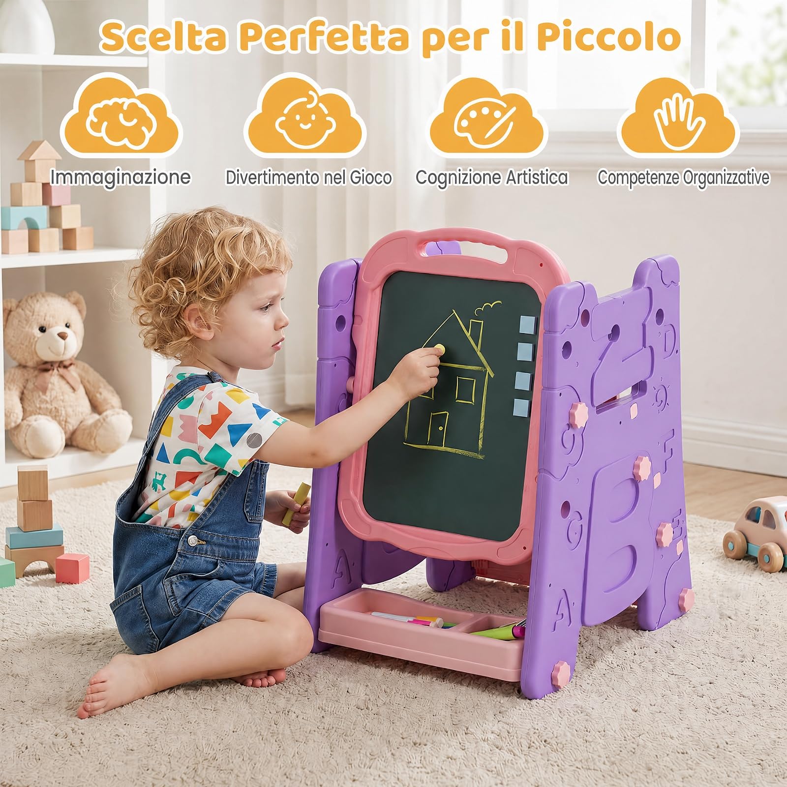 COSTWAY 3 in 1 Cavalletto per Bambini con Lavagna Bifacciale (Viola)