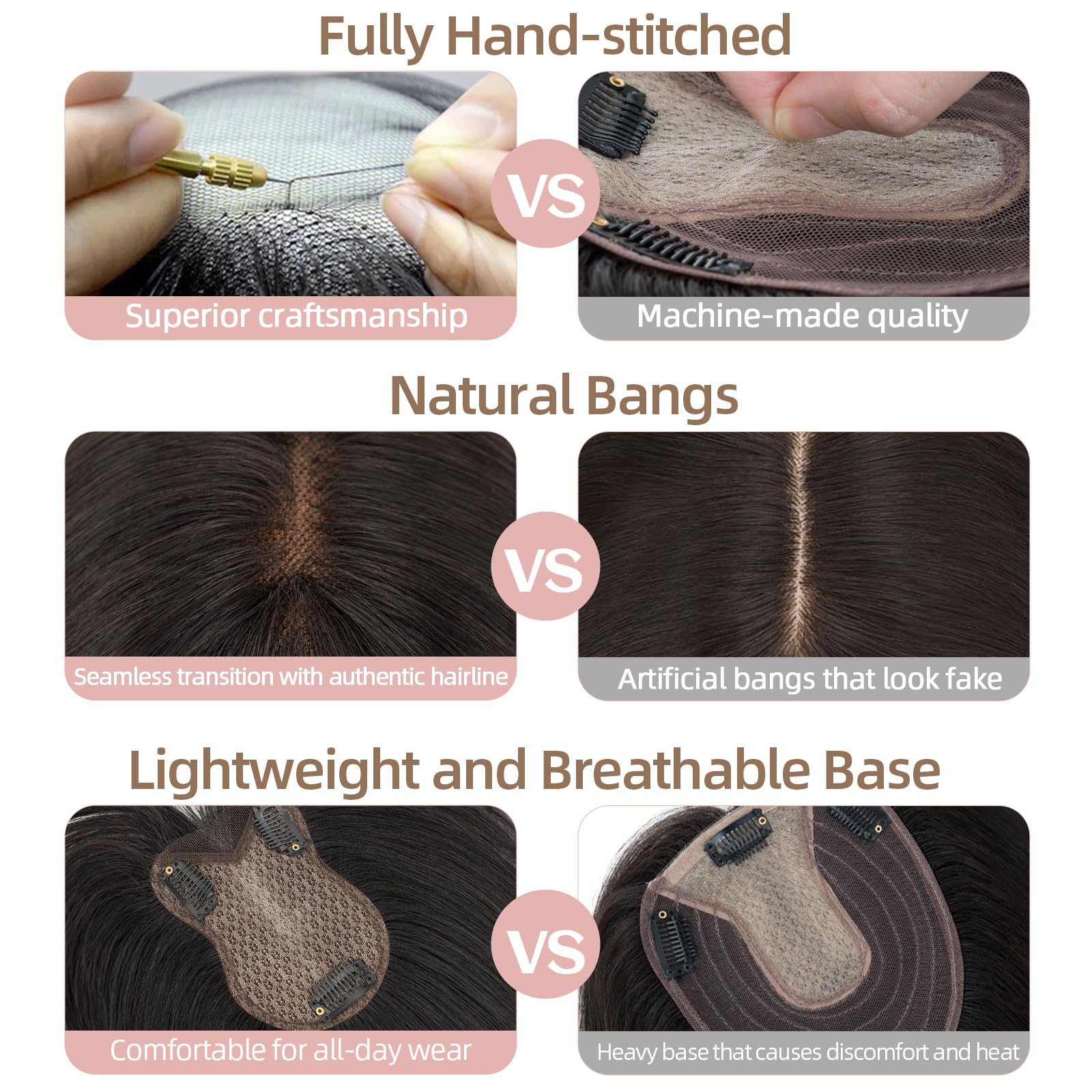 Silk-co 27cm Prótesis Capilar Mujer Pelo Natural Superior Craftsmanship Clip Toupee con Flequillo Postizo 21g 100% Cabello Humano Remy Hair Extensiones de Topper Encaje 8cm*11cm #1B Negro Natural