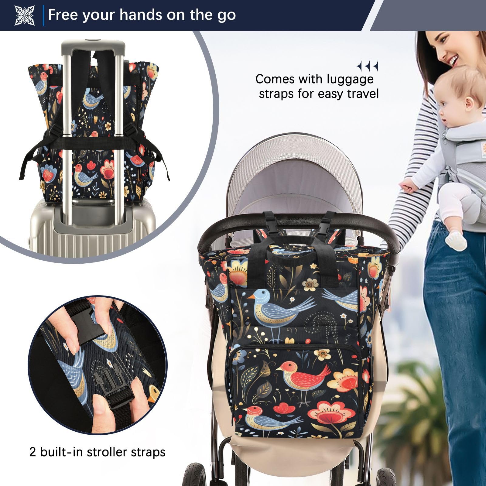 Flor Negro Arte PáJaros Mochilas de Pañales para Gran Capacidad Pañal Bolso Mochila para Viajar al Aire Libre Mamá y Papá