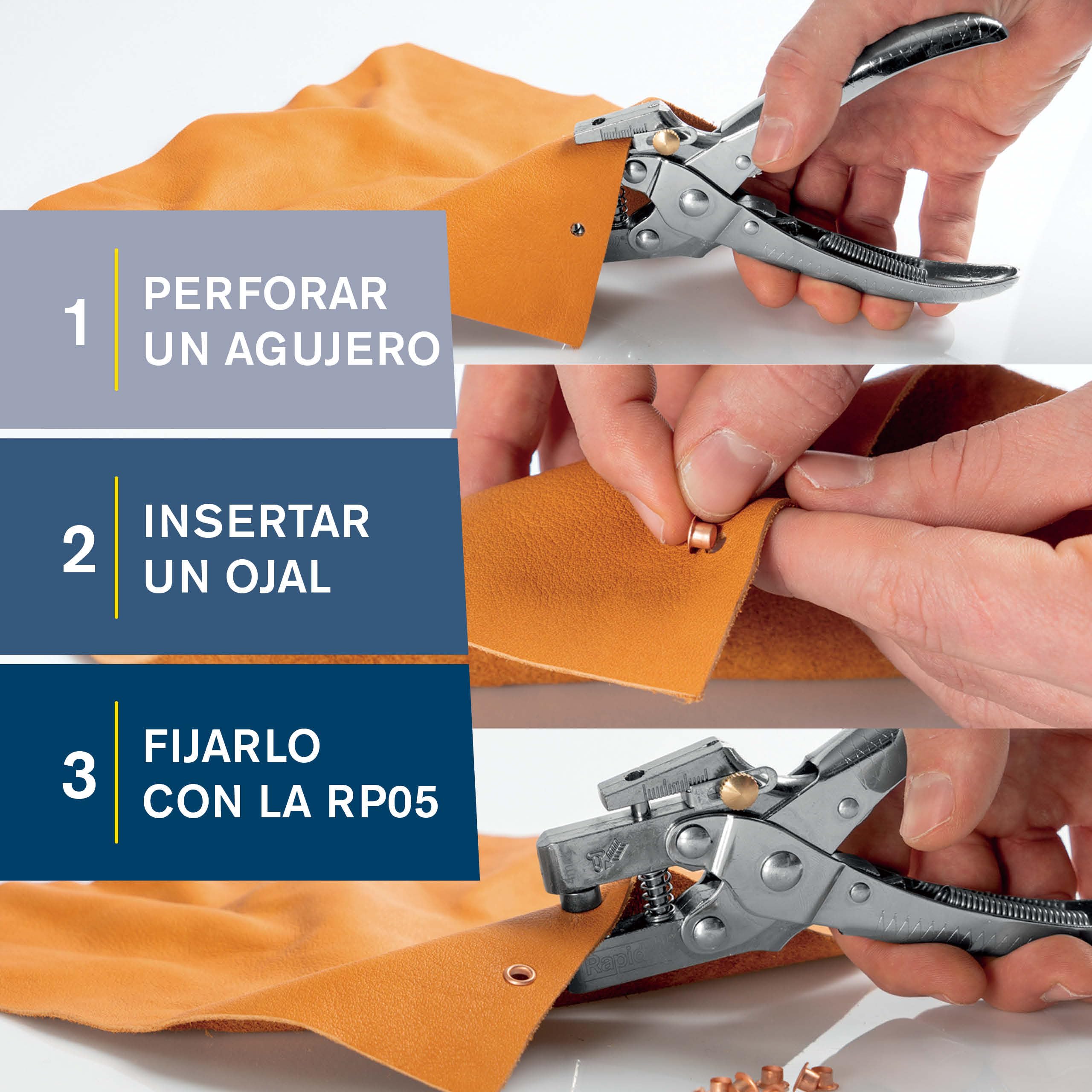Rapid RP05 Tenaza para ojales con perforador integrado y 105 ojales de 4mm para cuero, lona, zapatos; Fabricada en metal resistente (5001723)