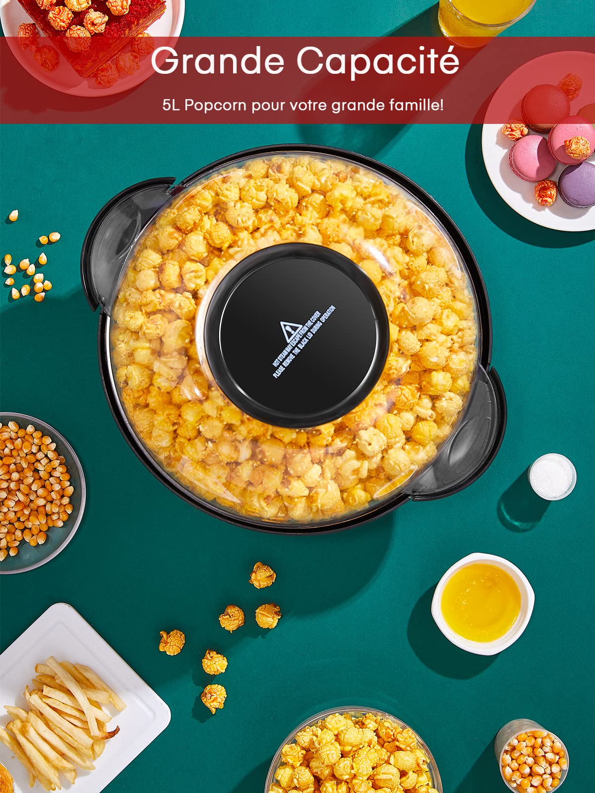 FOHERE Machine a Pop Corn, 5,5 L Machine à Pop Corn, Plateau Amovible, Revêtement Antiadhésif, Silencieux et Rapide, Couvercle Transparent Pouvant être Utilisé Comme Récipient (Rouge)