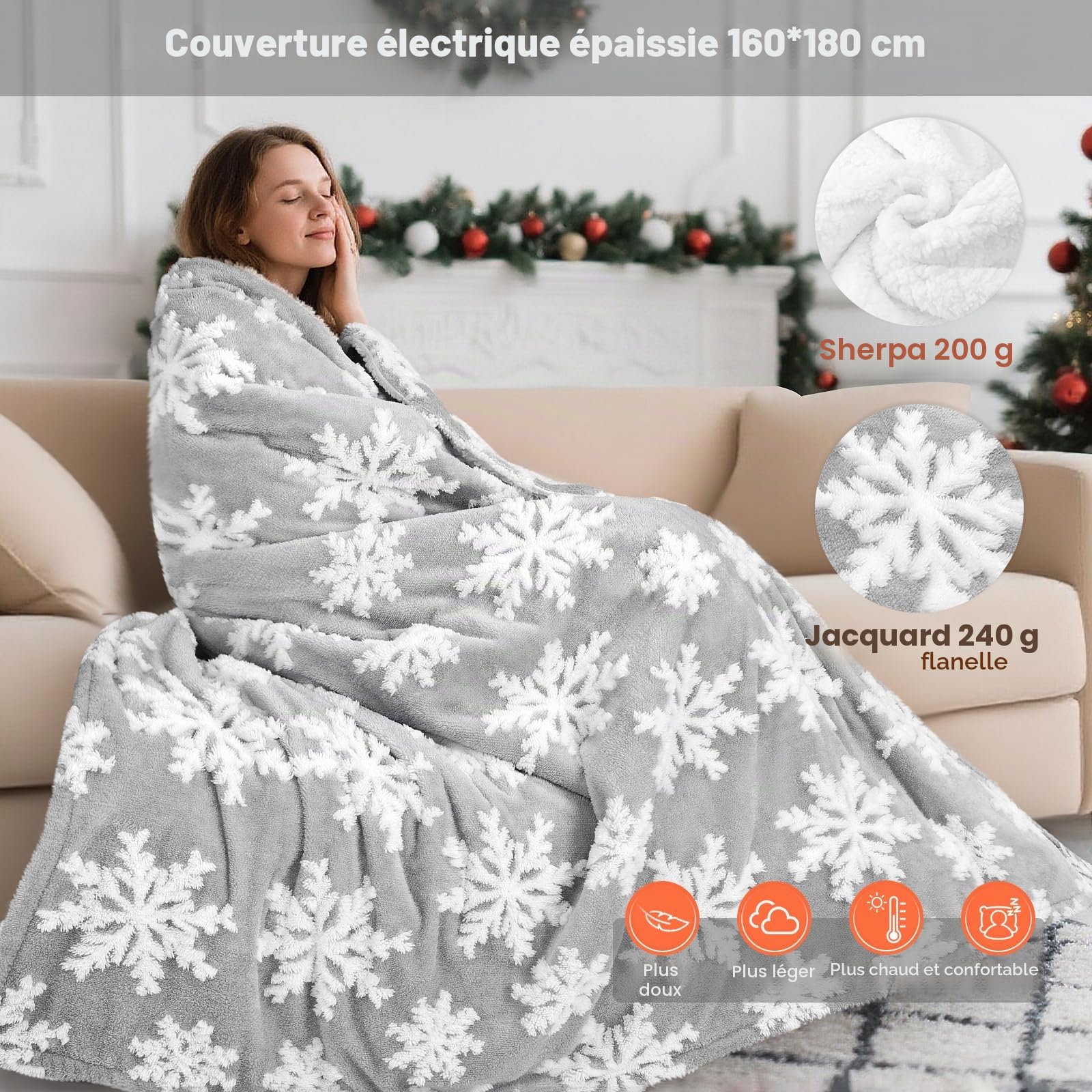 MYCARBON Couverture Chauffante 180x160cm, 2 Places, Plaid Chauffant Électrique pour Lit, Canapé, Arrêt Automatique, 10 Températures, Minuterie 9h, Lavable en Machine, Protection Contre la Surchauffe