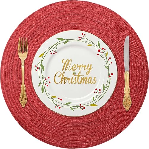 FunWheat Juego de 6 manteles individuales redondos para mesas de comedor, lavables, antideslizantes, 15 pulgadas para Navidad (brillo rojo)