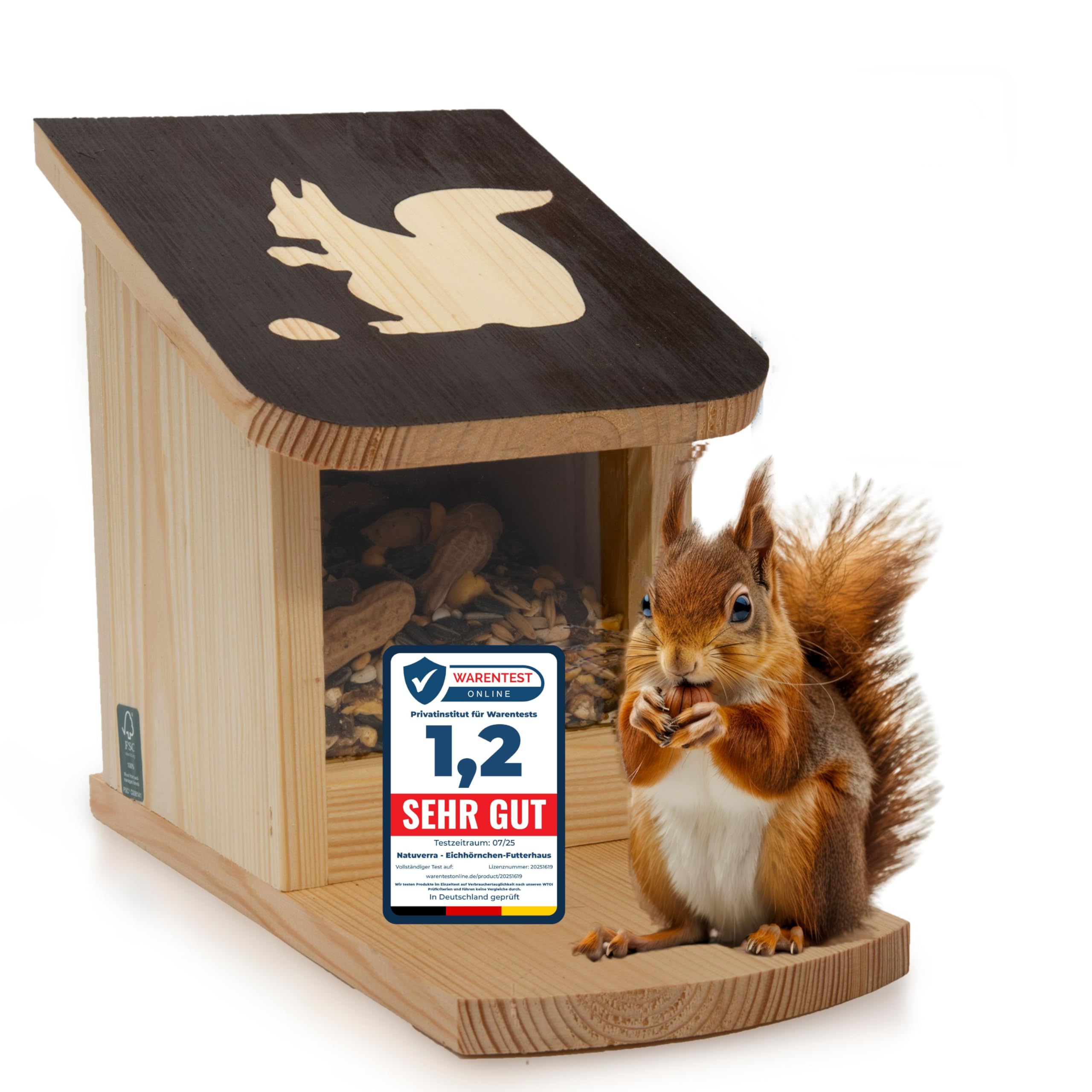 Eichhörnchen Futterhaus mit Dachmotiv - Eichhörnchen Haus und Futterhaus wetterfest - Unbehandelte Futterstation aus Kiefernholz - für Garten und Balkon