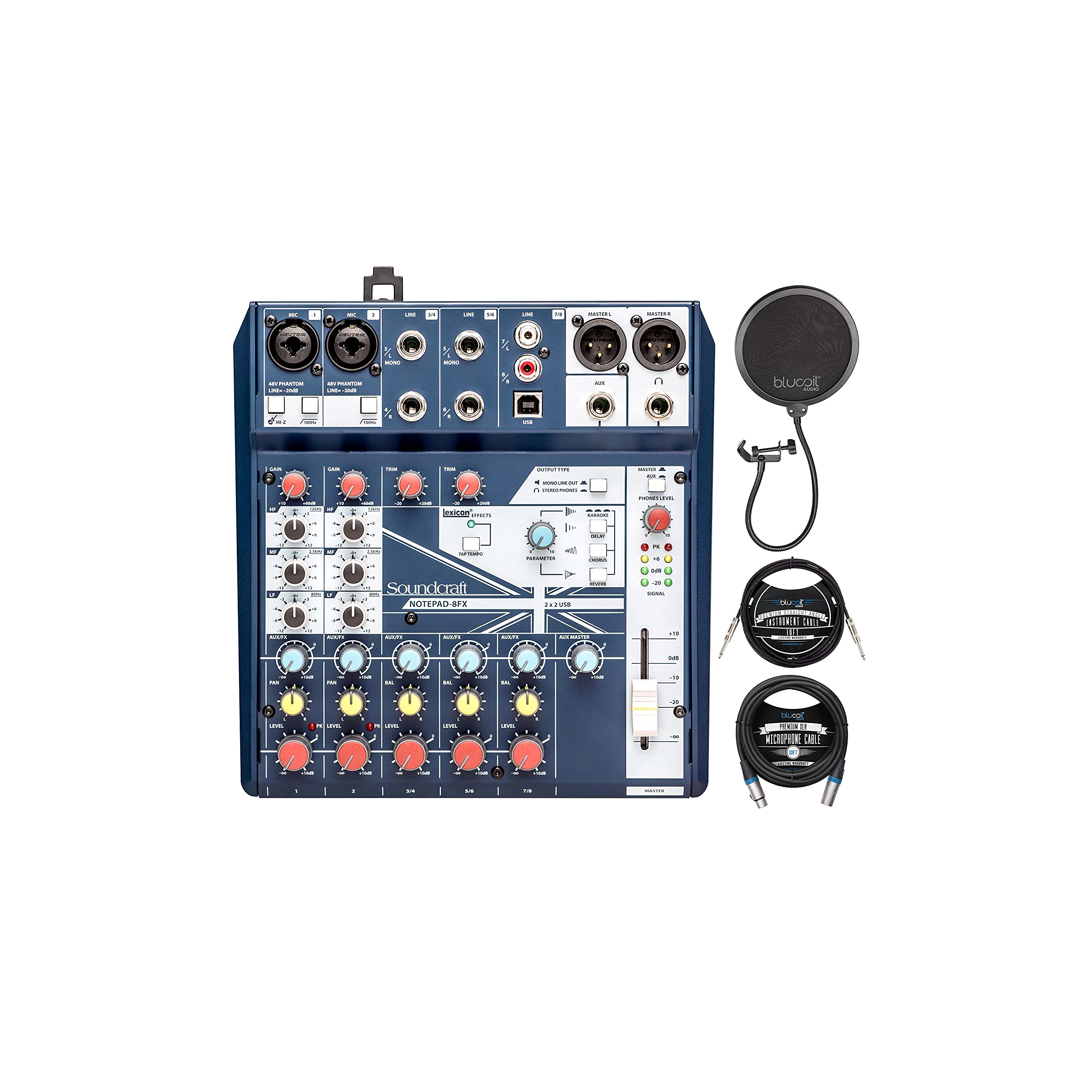 Soundcraft Notepad-8FX Mixer with Effects for Windows and Mac Bundle with Blucoil Pop Filter Windscr