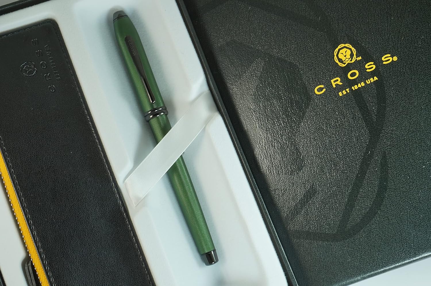 A.T. Cross Townsend Midnight Green Micro Knurled and Sandblasted Matte Black PVD with Matte Black PVD Appointments Selectip Gel Ink Rollerball Pen and Cross Black Pen Pouch Set