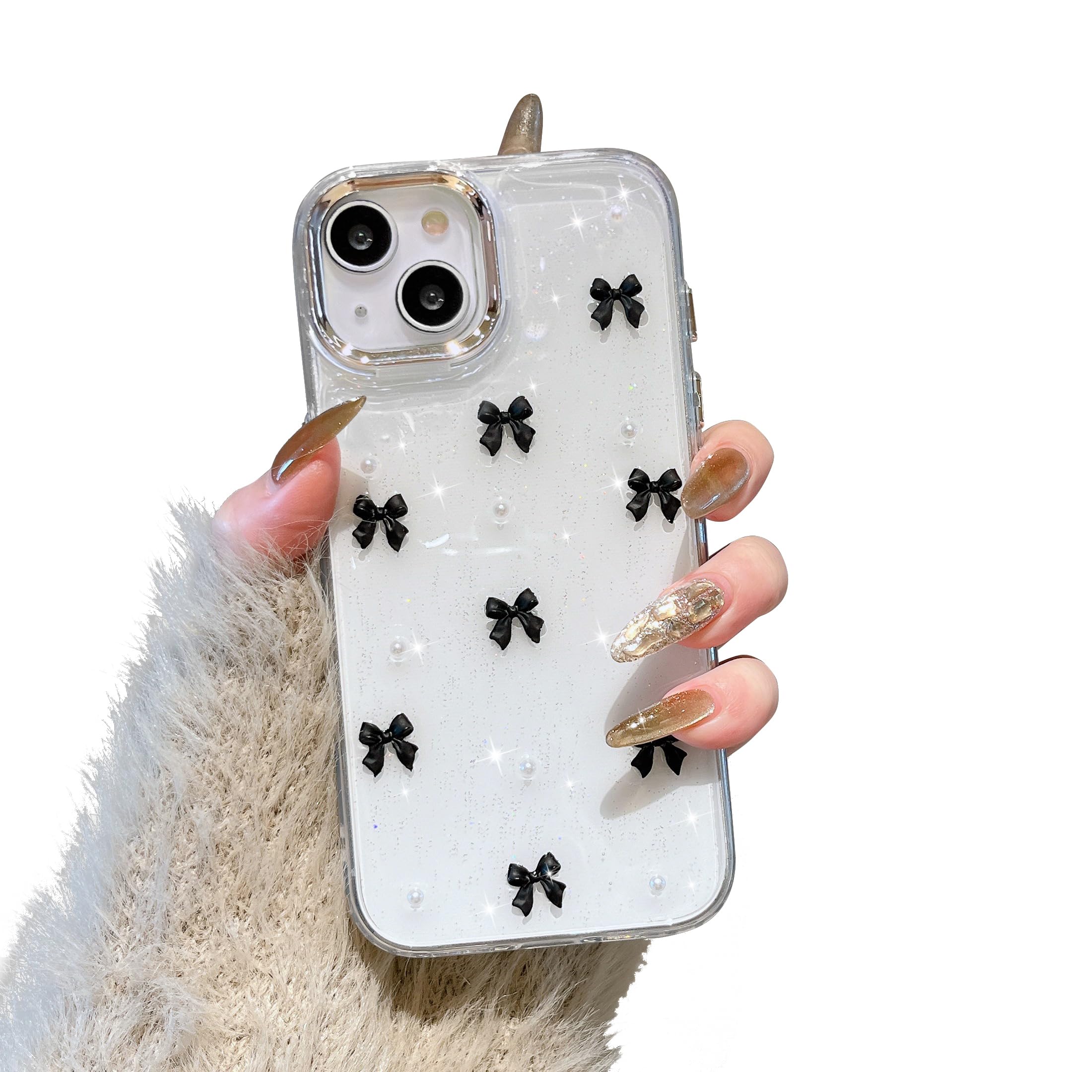 Idée cadeau coque iPhone 15 Plus mignon nœud papillon noir pour adolescente
