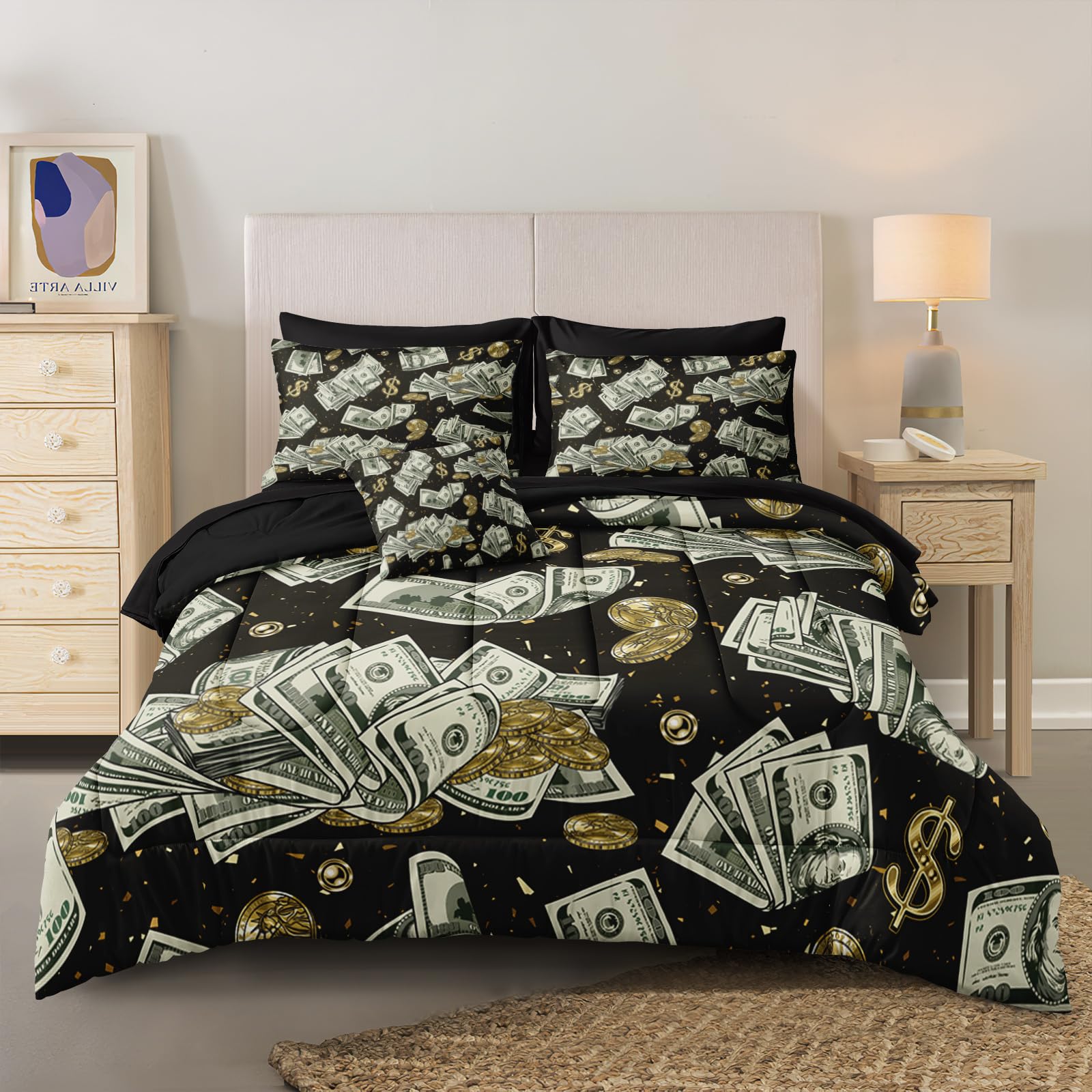 Merryword 8 Pieces Bed in a Bag Bill Cash Comforter Set Full Size USA Money Dollar Comforter Set Gold Coins Bedding Set with 1 Comforter, 4