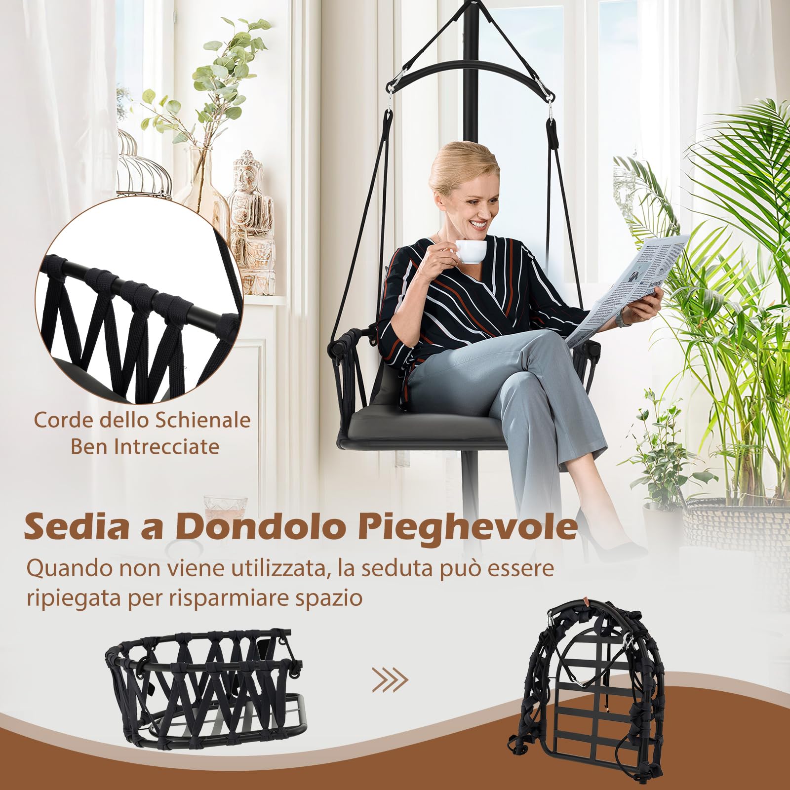 COSTWAY Sedia Sospesa Pieghevole con Supporto, Poltrona Sospesa Corda con Cuscini per Seduta e Schienale, Telaio in Metallo, Sedia Amaca per Interno, Esterno, Balcone e Giardino, Portata 150 kg