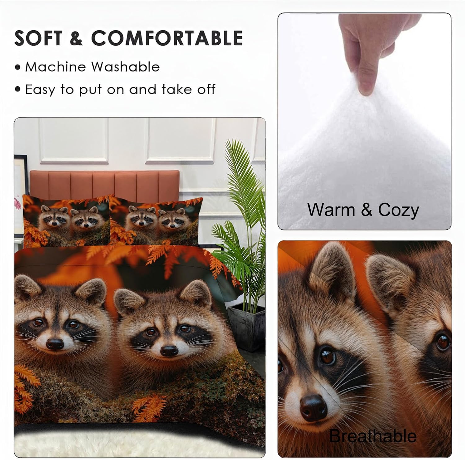 Autumn Scenery Quilt Set Queen 3 Pieces, Caramel Brown Quilts Bedding Set Cute Raccoon Bedspread Bed Cover Lightweight Spring Summer Beds Coverlet for All Season - 90"X90"
