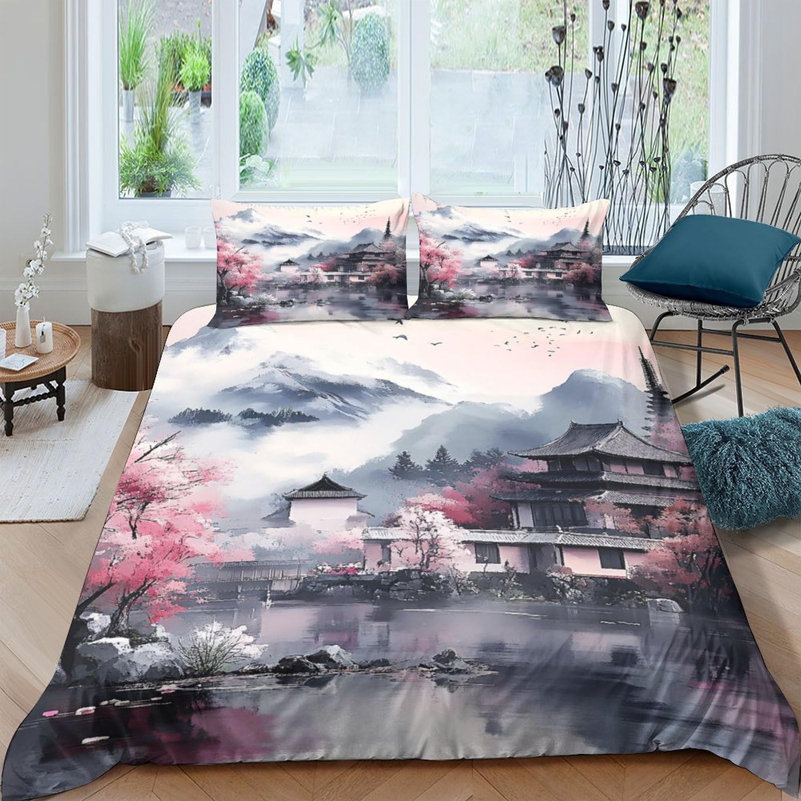 Ctjqhvkz Style-8 3D Printed Oriental Landscape Fitted Sheet Microfiber Soft Breathable Cherry Blossom Bed Cover For Bedroom Dorm Decor Single（135X200cm）