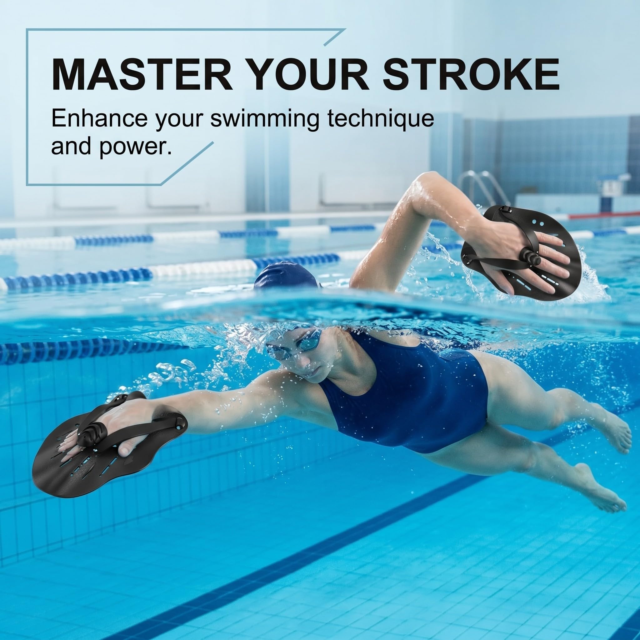 Palette Nuoto Piscina Adulti, 1 Paio Nere in Silicone con Cinghie Regolabili per Allenamento Tecnica e Resistenza