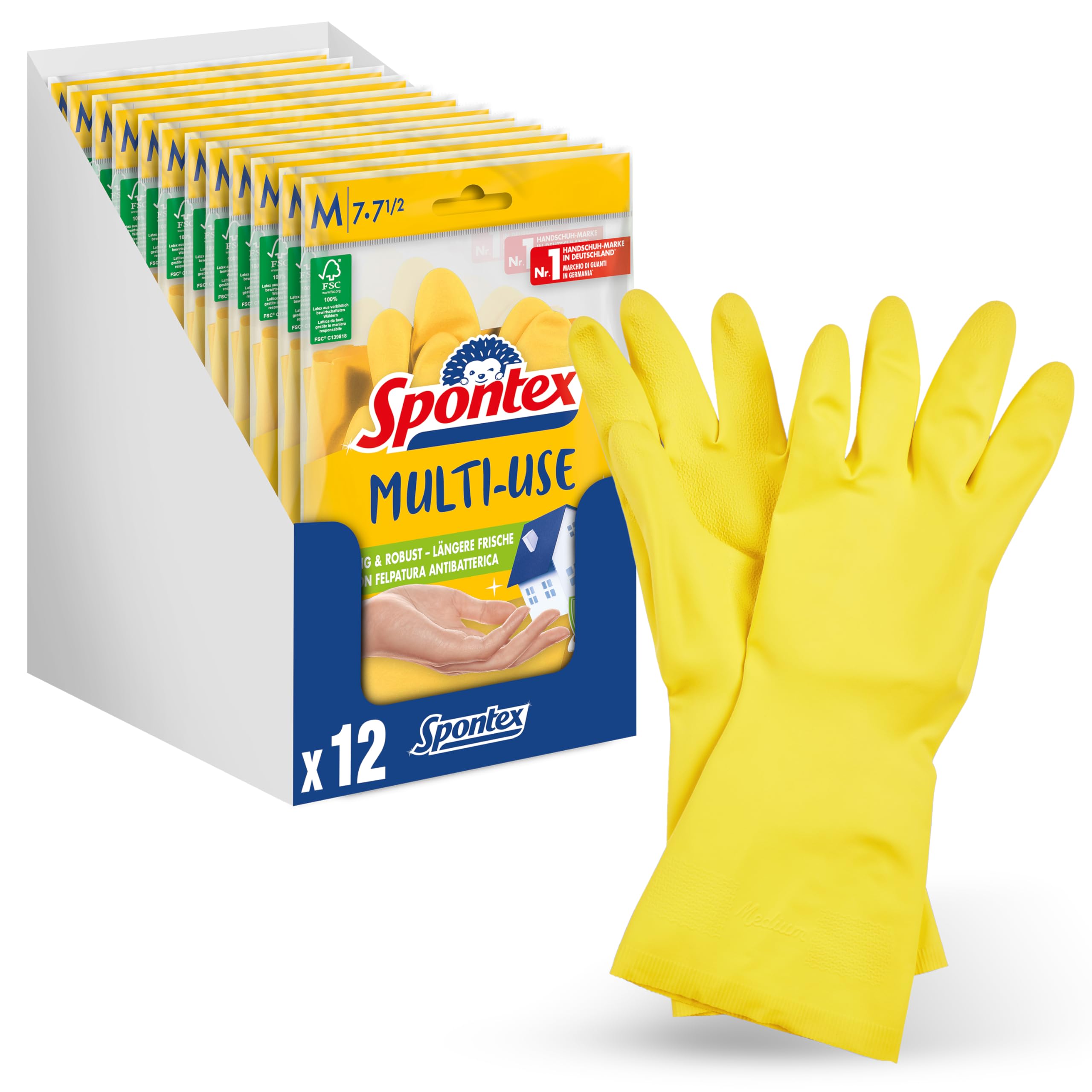 Spontex Multi Use, 12 paires de gants de ménage avec protection fraîcheur et latex naturel FSC, intérieur avec flocage en coton, taille M (12 x 1 paire)