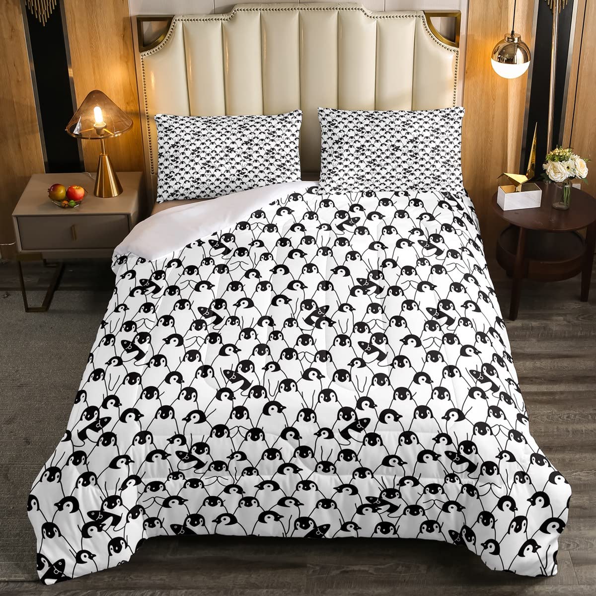 Penguin Duvet Set Cartoon Penguin Bedding Set for Kids Boys Girls Funny Animal Cute Polar Animal Black White Room 3Pcs King Size