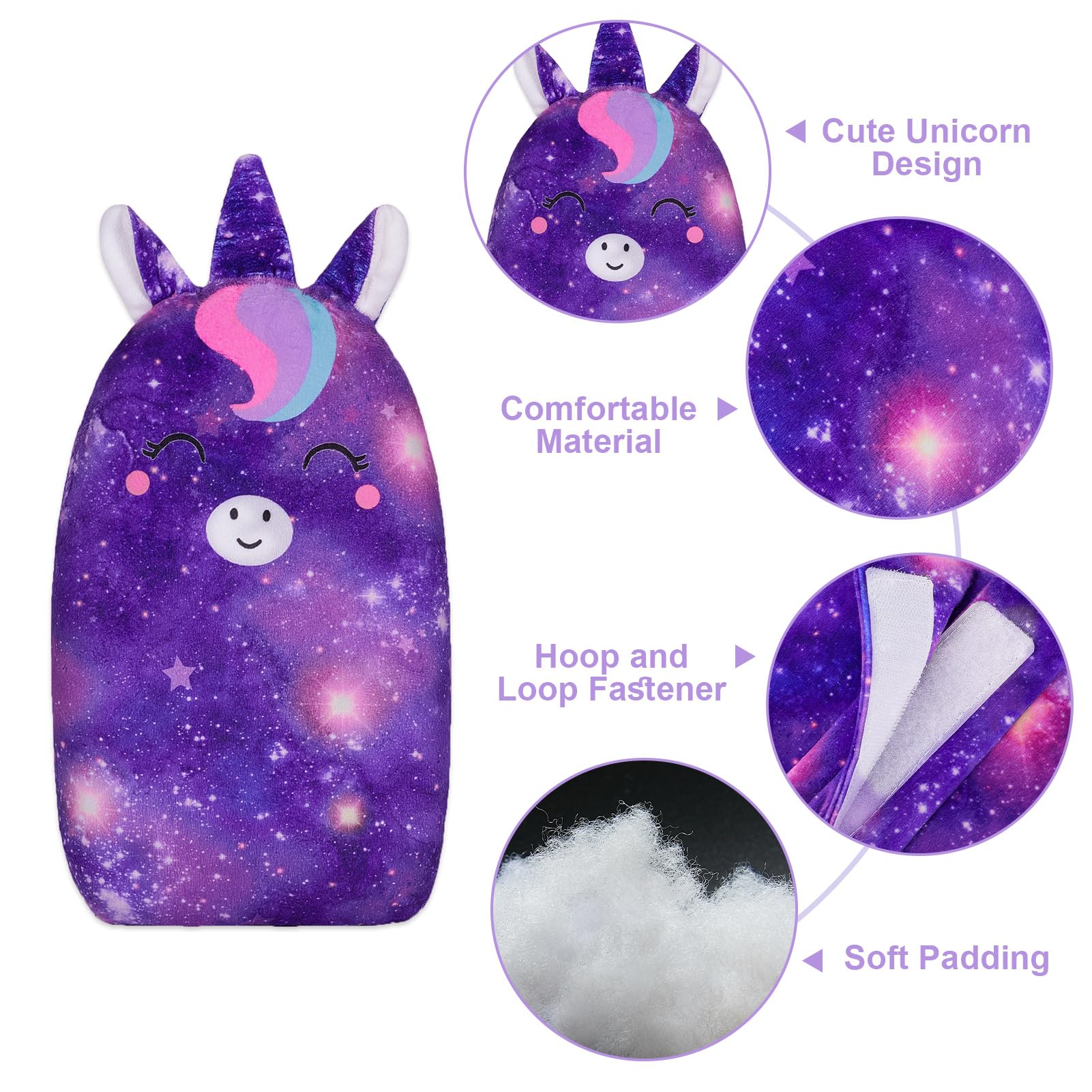 FIODAY Copri cinture di sicurezza per bambini, con unicorno, morbido cuscino per cintura di sicurezza, regolabile, supporto per testa e collo, per bambini, ragazzi e ragazze, da viaggio, viola scuro