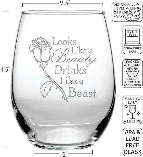 Miniatura 2 de Looks Like a Beauty, Drinks Like a Beast (15 oz) Stemless Glass - The Original Fairytale Inspired Wine Lovers Gifts - Belle Rose - Funny Birthday