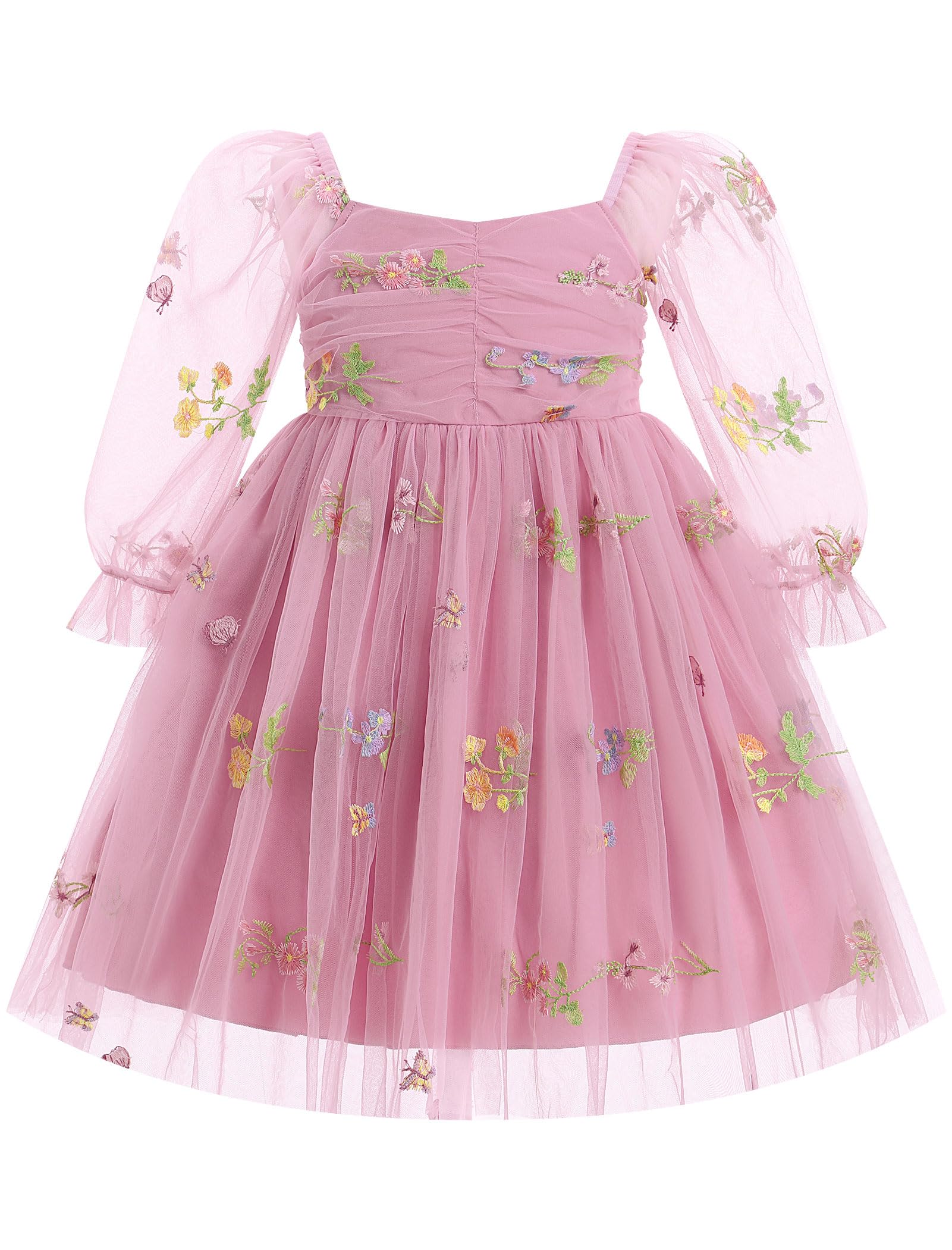 IBTOM CASTLE Toddler Baby Flower Girl Dress Mesh Long Sleeve Floral Embroidery Princess Tulle Tutu Dress Cake Smash Easter Outfit Dusty Pink-Floral 6-12 Months