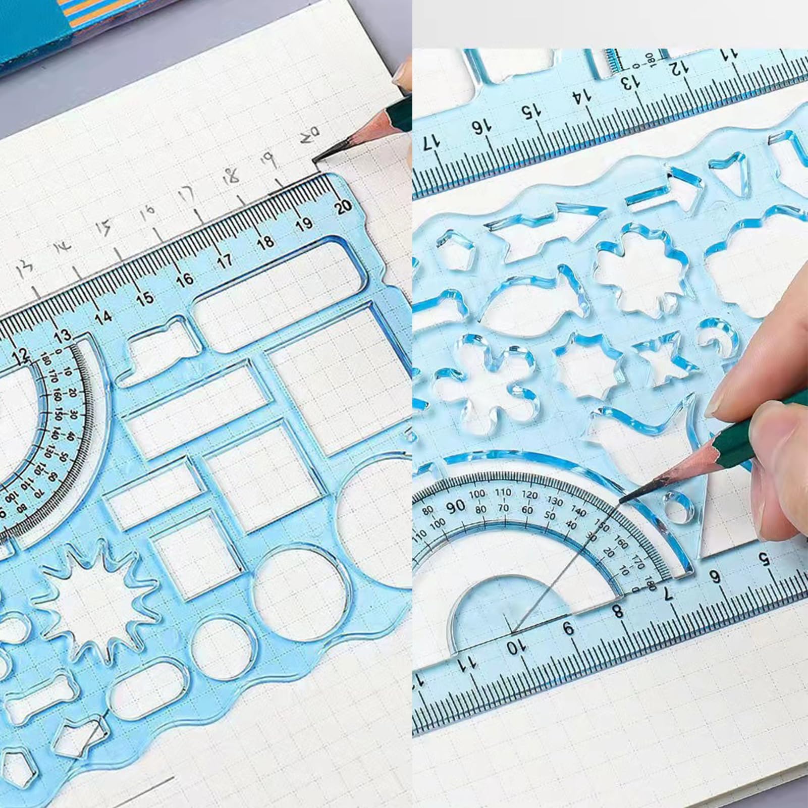 7 Piezas Reglas Geométricas y Plantillas de Círculo para Dibujo y Pintura, Regla Plástica, Herramienta de Medición para Niños (Azul)