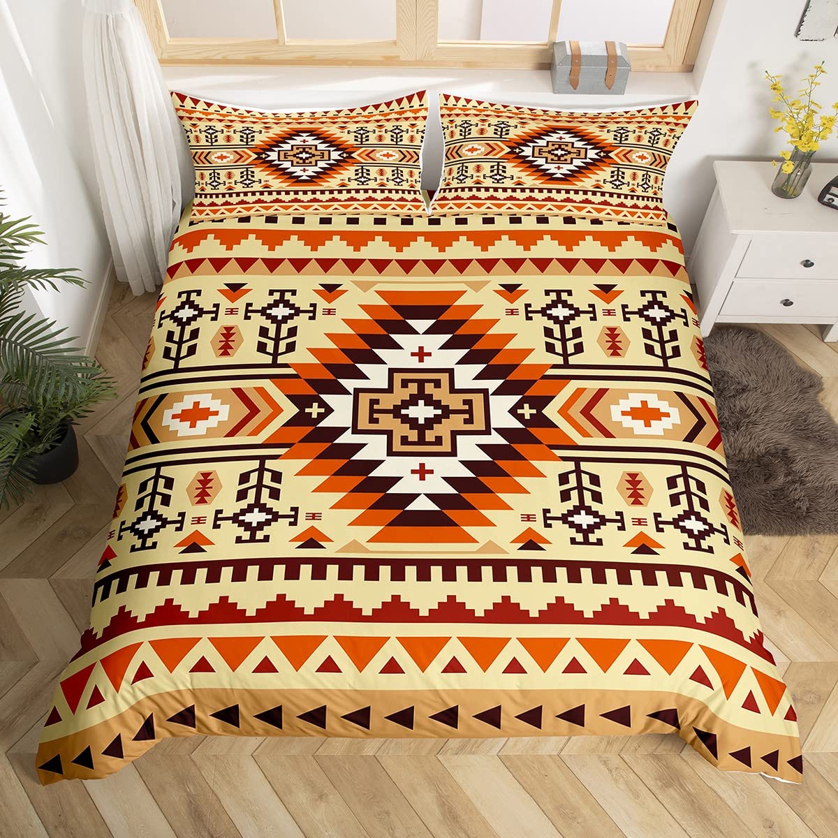 Geometric Aztec Print Kids Duvet Cover Set Super King Size,Abstract Pattern Mexican Style Bedding Set,Teens Adults Room Decor,Boho Tribal Ethnic Comforter Cover,Brown Retro Quilt Cover,2 Pillowcases