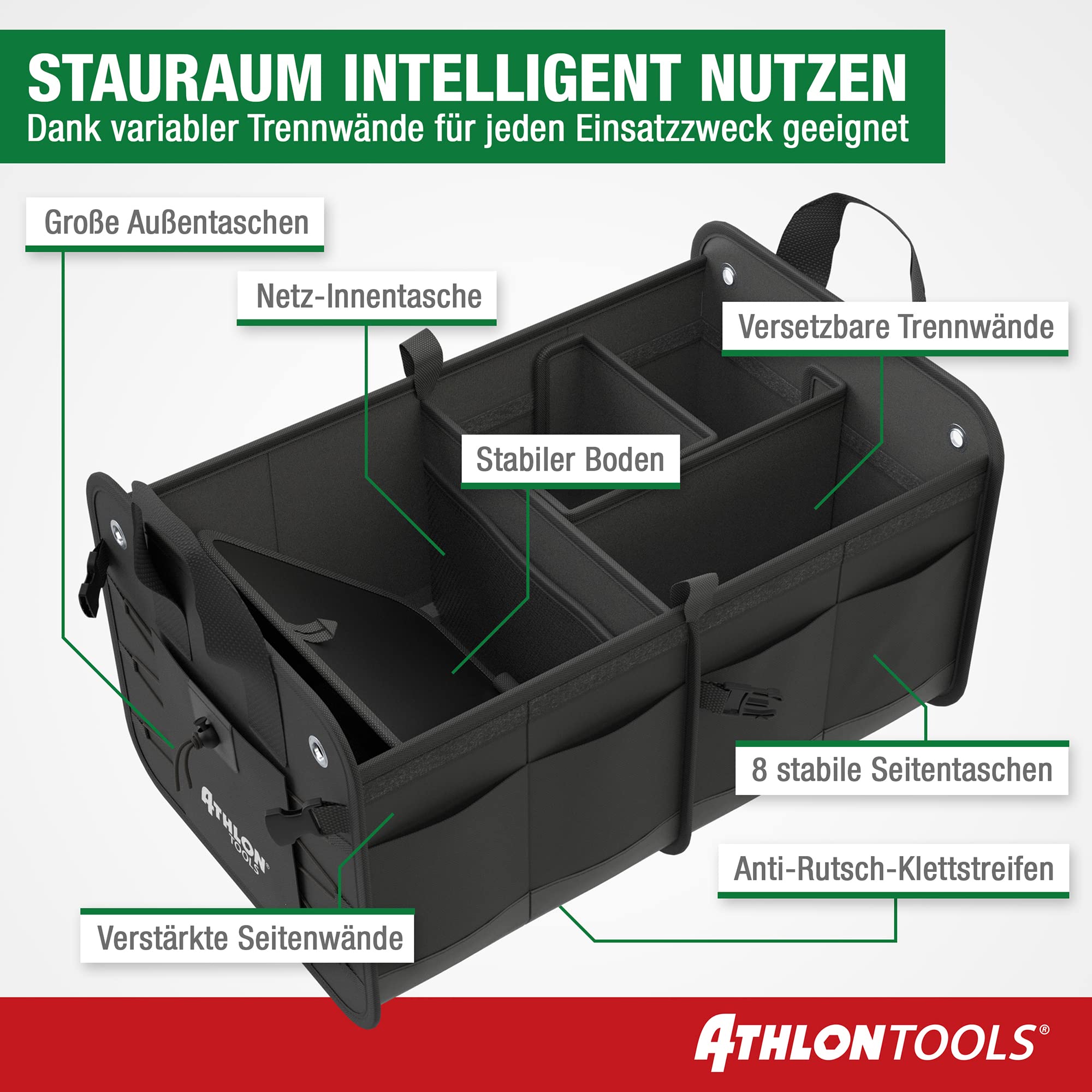 ATHLON TOOLS Premium Kofferraumtasche mit Deckel - 60 Liter XXL Auto Kofferraum Organizer - Extra stabile & wasserfeste Böden - lebensmittelecht - Antirutsch-Klett am Boden