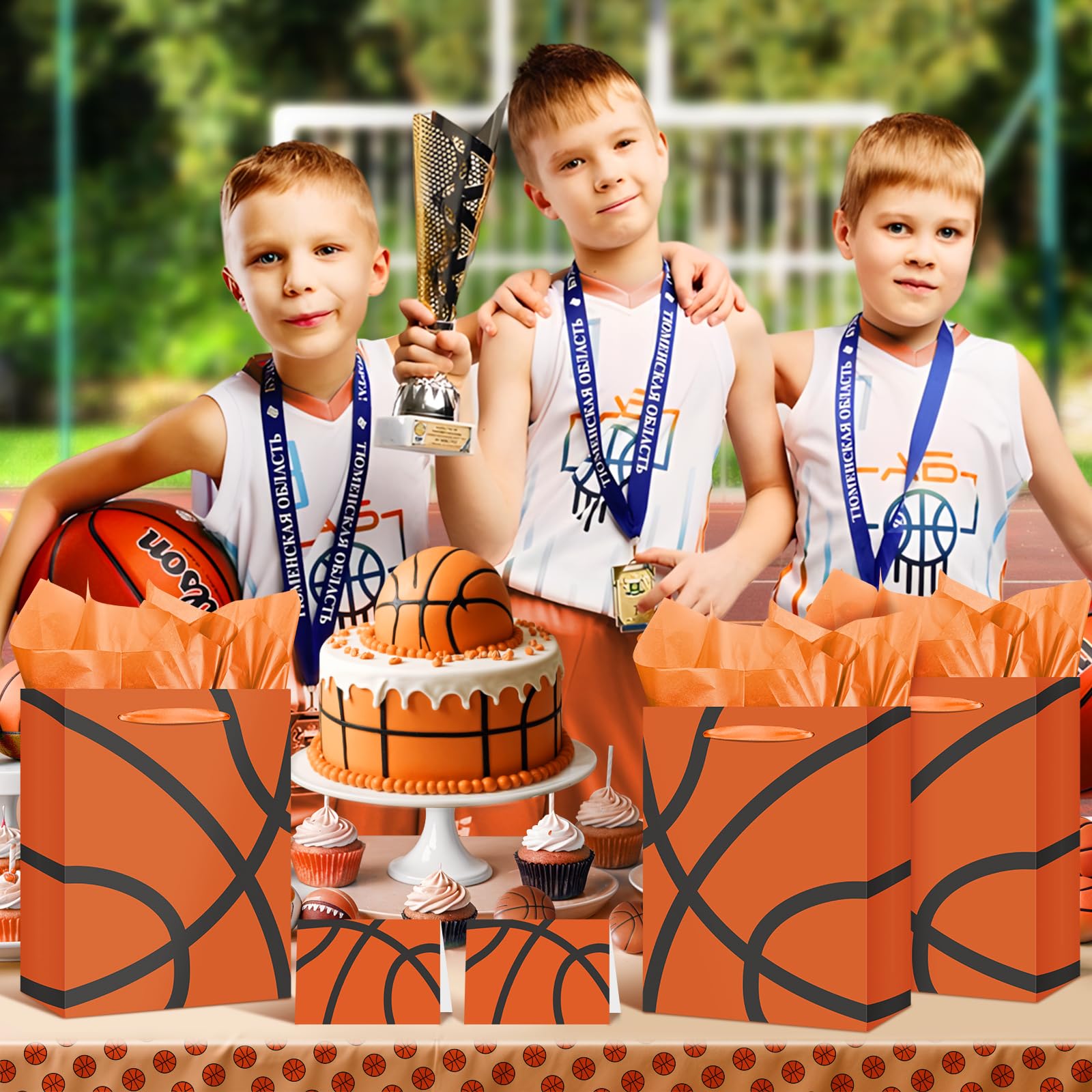 Basketball Party Gift Bag Orange Basketball Gift Wrap Bags with Tissue Paper Greeting Card Decorations for Sport Party Favor Basketball Birthday Goodie Gifts Wrapping Bags for Boys Teens Team Supplies
