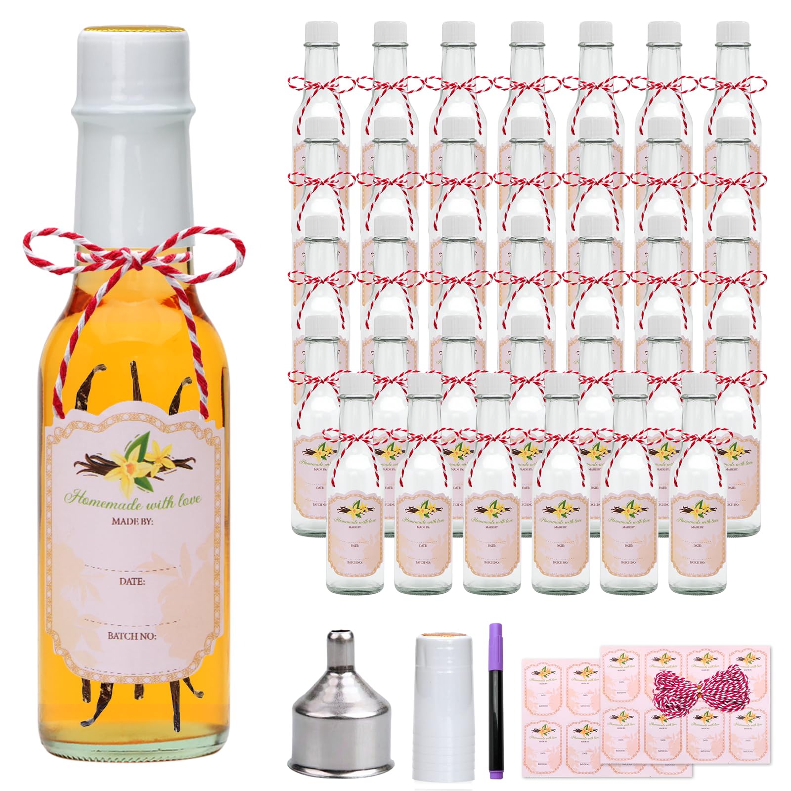 Hot Sauce Bottles 5 oz,Clear Woozy Bottles with Shrink Capsules,Small Wine Making Bottles With Lids for Bottling,Empty 5oz Glass Vanilla Extract Bottles With White Caps Set of 35